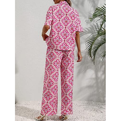 Greciilooks Women Co Ord Set| Knot Front Shirt & Wide Leg Pants| Allover Print Shirt & Bottom| Long Sleeve Shirt| Straight Printed Pant| Women Two-Piece Outfits| Summer Wear (Small, Pink)