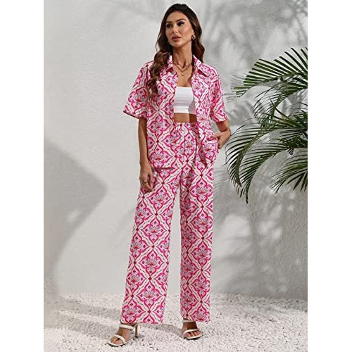 Greciilooks Women Co Ord Set| Knot Front Shirt & Wide Leg Pants| Allover Print Shirt & Bottom| Long Sleeve Shirt| Straight Printed Pant| Women Two-Piece Outfits| Summer Wear (Small, Pink)