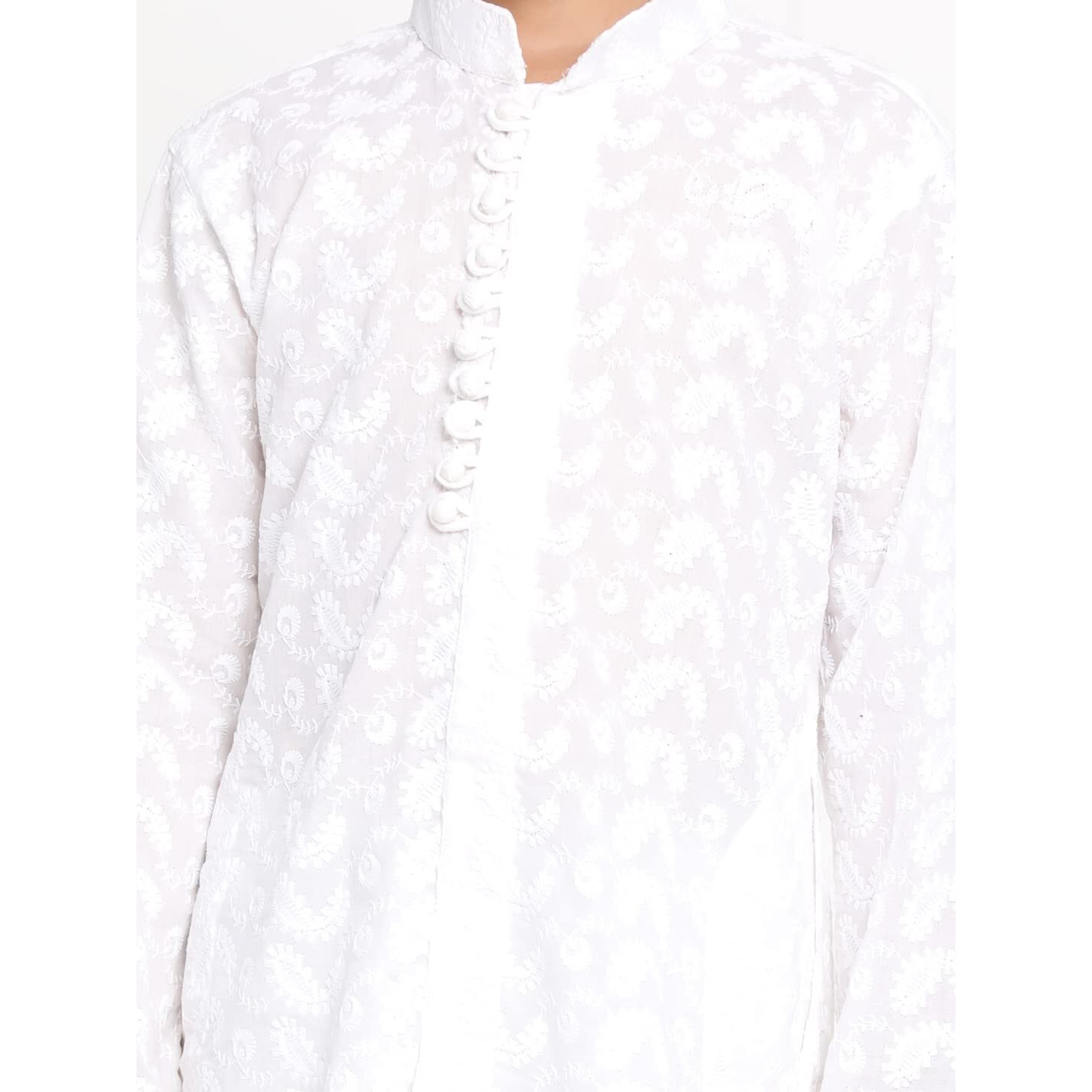 Vastramay Boys' Cotton Kurta Pyjama Set With Lucknowi Chikankari Embroidery, Full Sleeves & Mandarin Collar  Perfect For Festive/Wedding