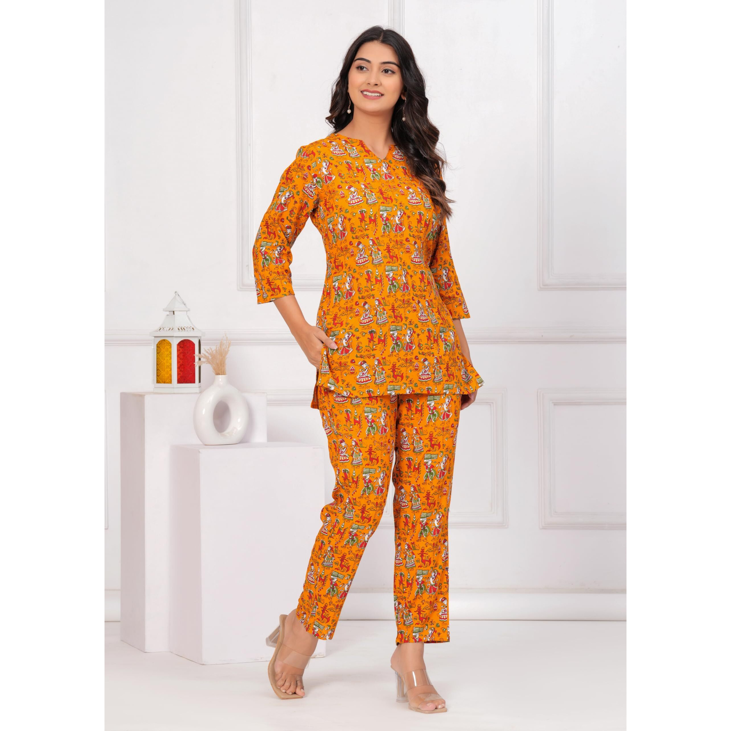 Jikonet Women Cotton Printed Co-Ord Set Kurta Set With Pant Set (Yellow, X-Large)