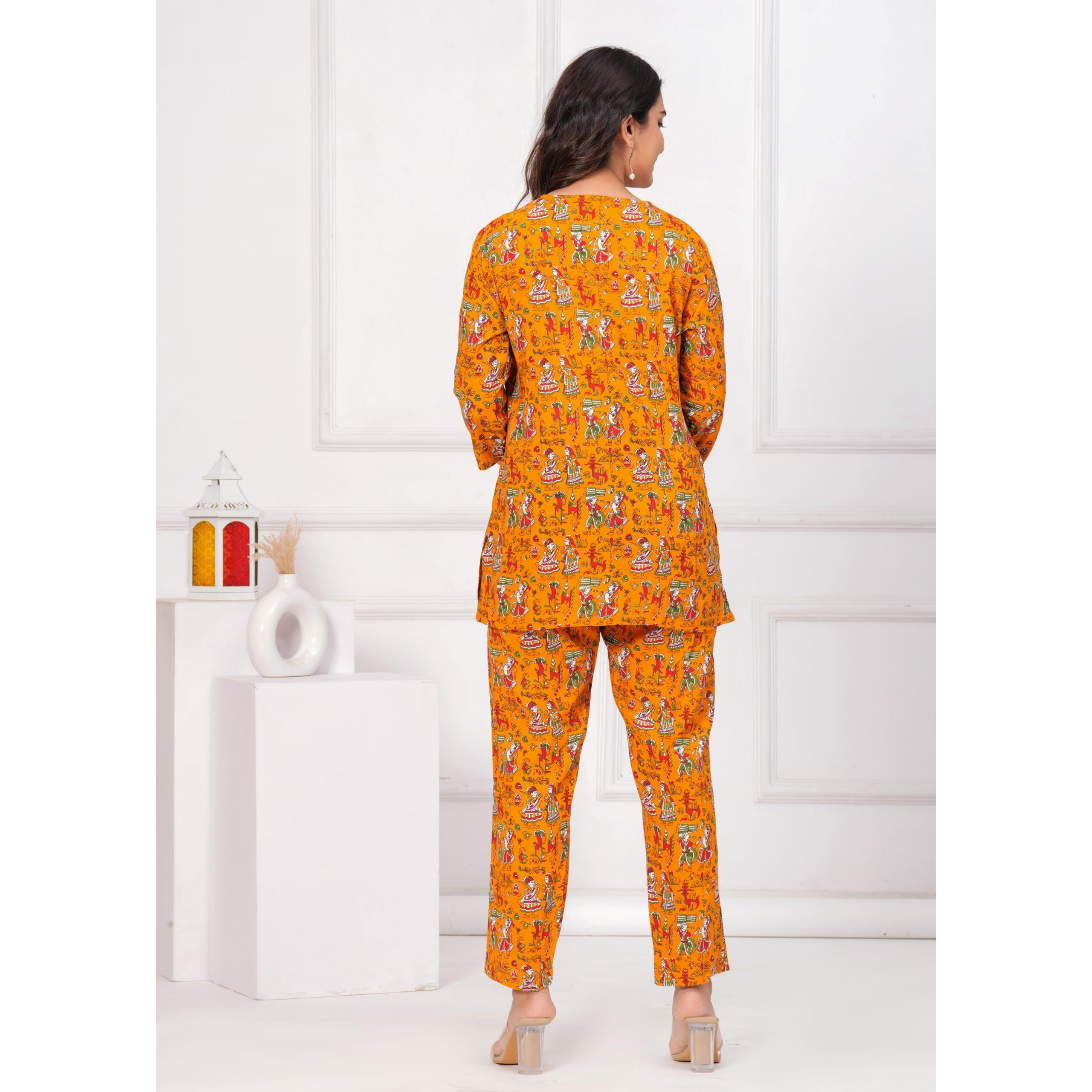 Jikonet Women Cotton Printed Co-Ord Set Kurta Set With Pant Set (Yellow, X-Large)
