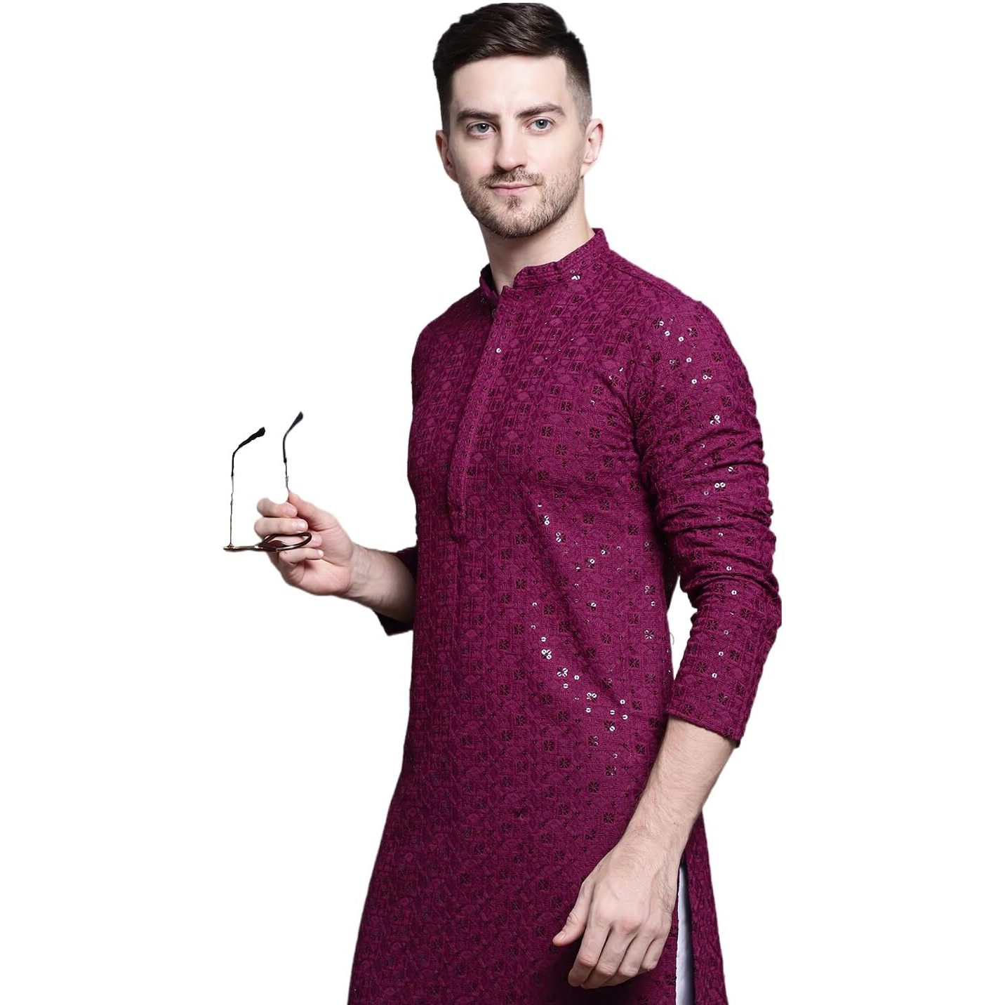Jompers Men's Sequin Embroidered Pure Cotton Kurtas (Purple, L)