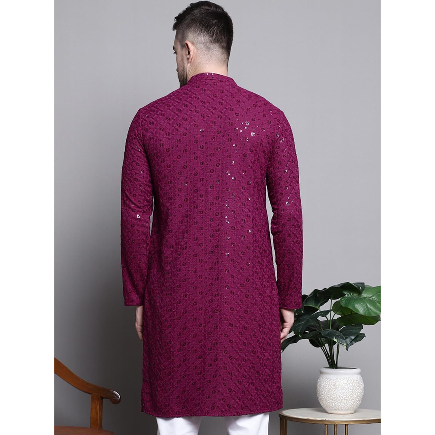 Jompers Men's Sequin Embroidered Pure Cotton Kurtas (Purple, L)