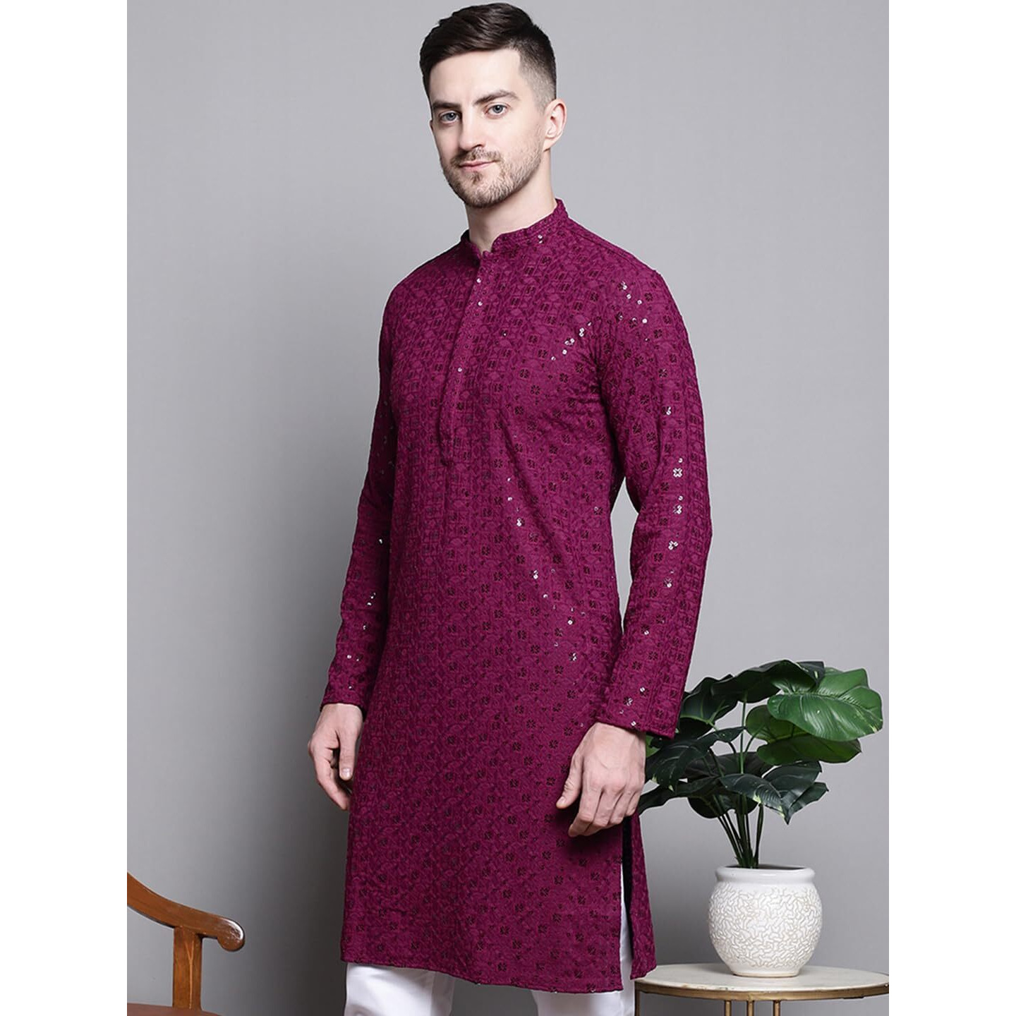 Jompers Men's Sequin Embroidered Pure Cotton Kurtas (Purple, L)