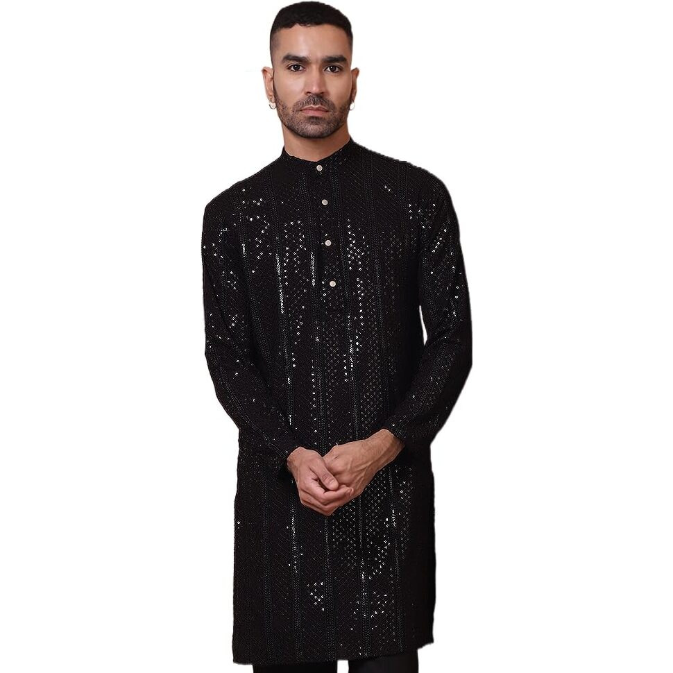 Jompers Men's Black Sequins Embroidered Kurtas. (Black, Xxl)