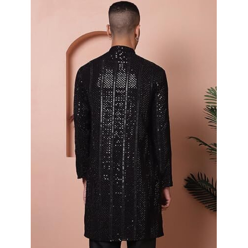 Jompers Men's Black Sequins Embroidered Kurtas. (Black, Xxl)