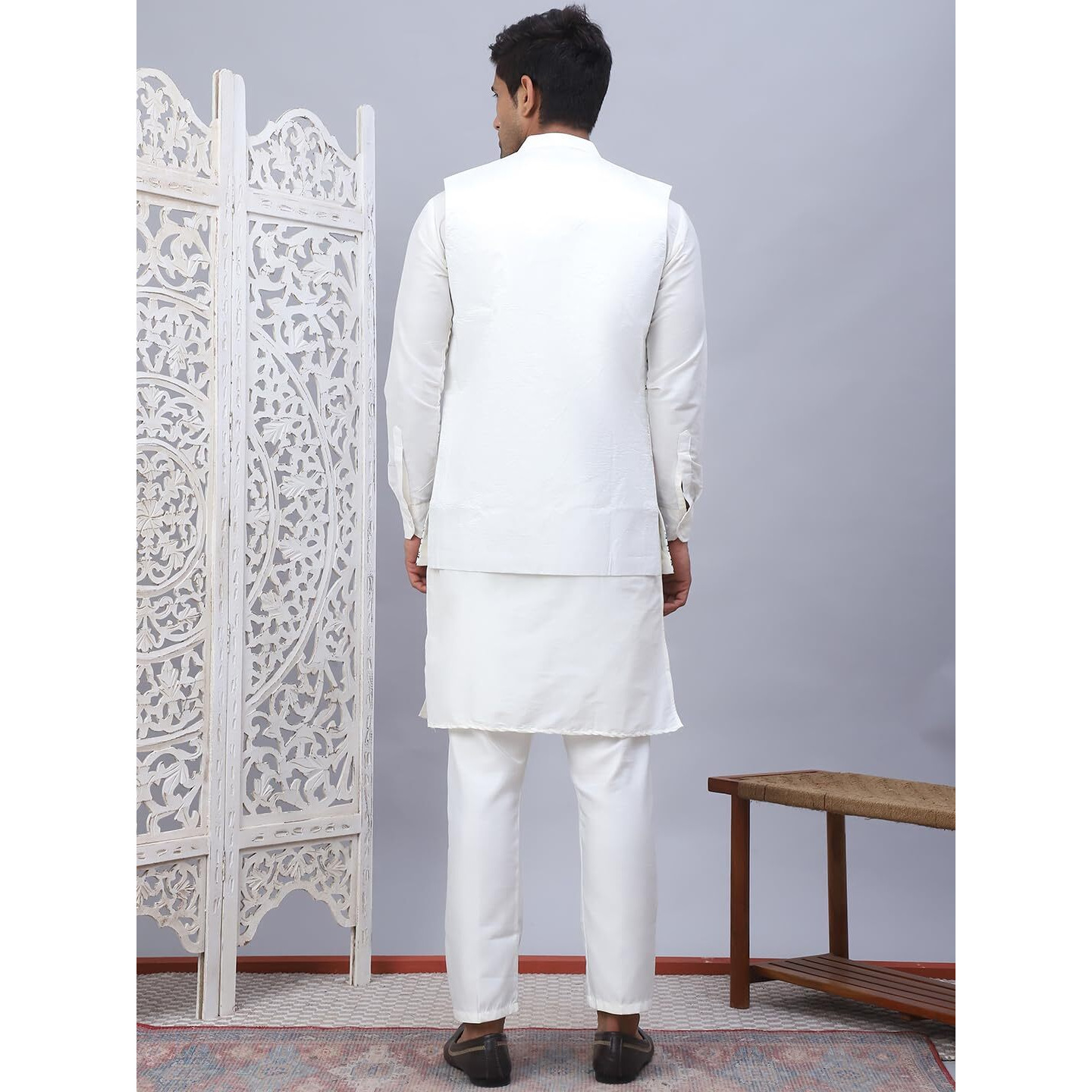 Jompers Men White Embroidered Nehru Jacket With Solid Kurta Pyjama Set (White, L)