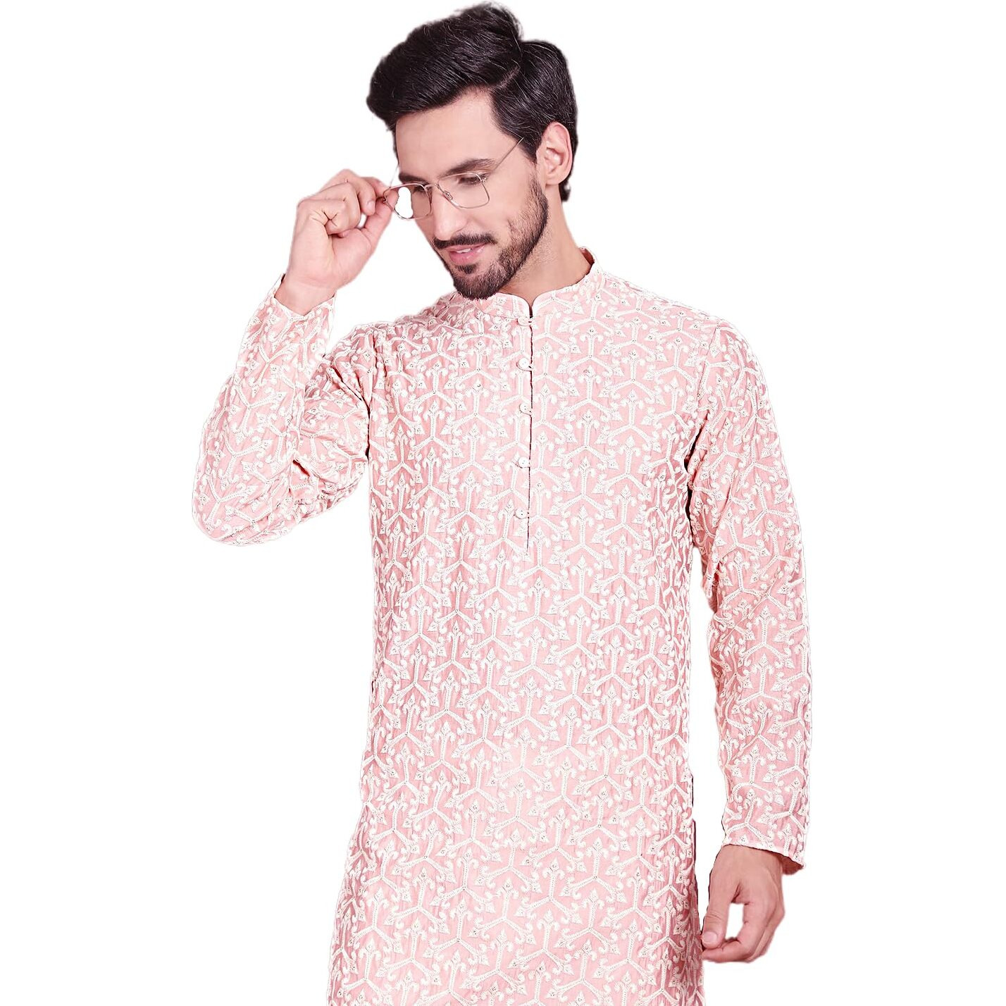 Jompers Mens Chikankari Embroidered Kurtas (Pink, L)