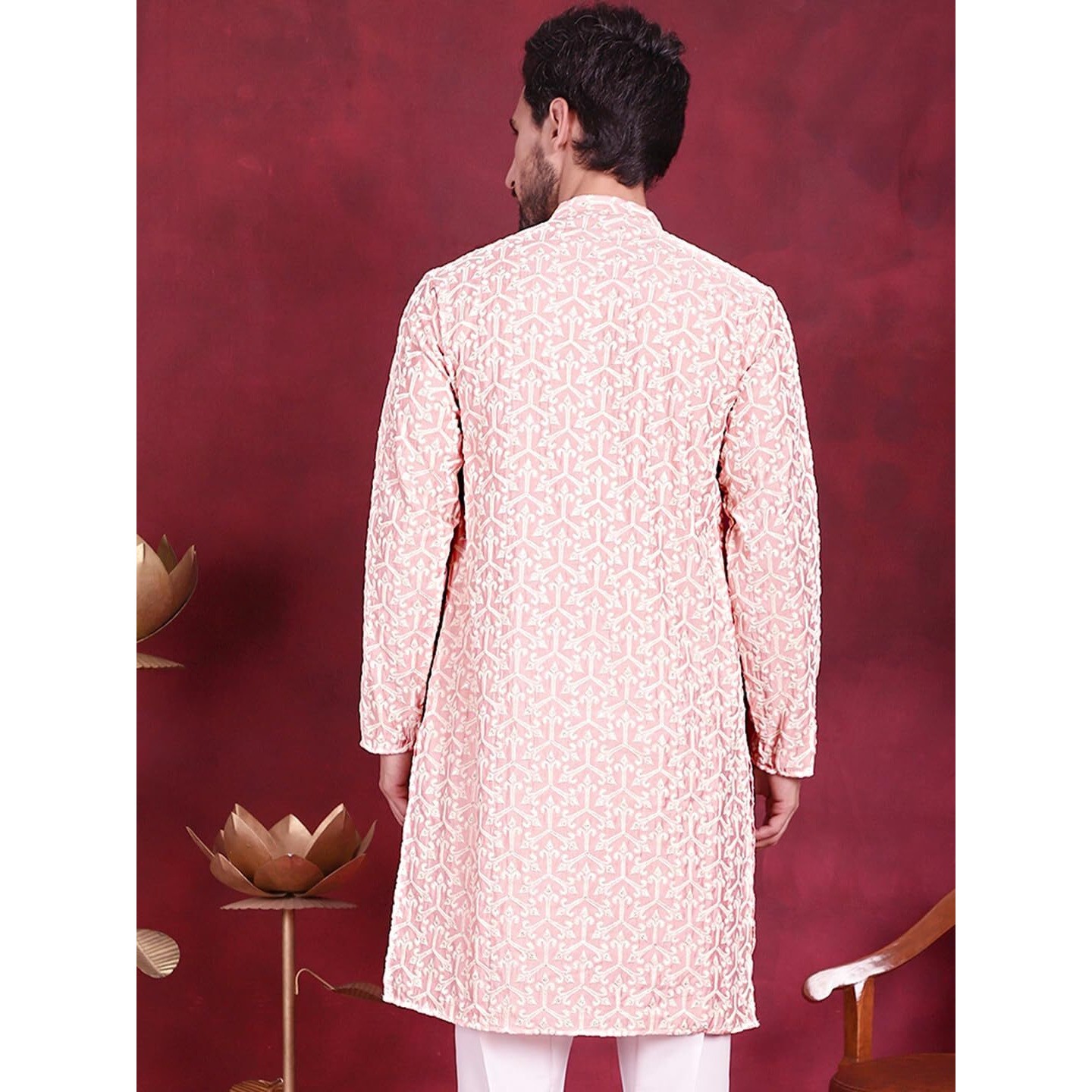 Jompers Mens Chikankari Embroidered Kurtas (Pink, L)