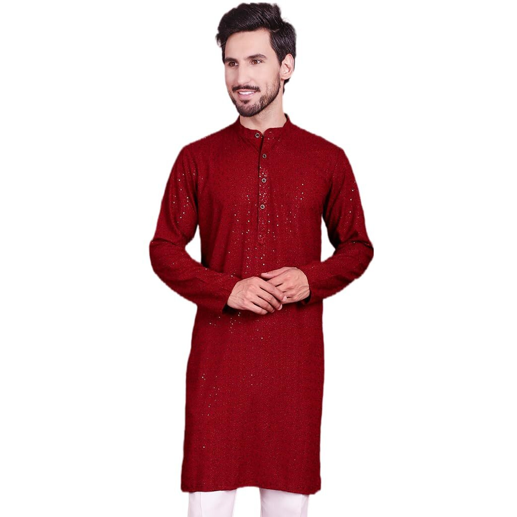 Jompers Mens Sequins Chikankari Kurtas (Maroon, M)