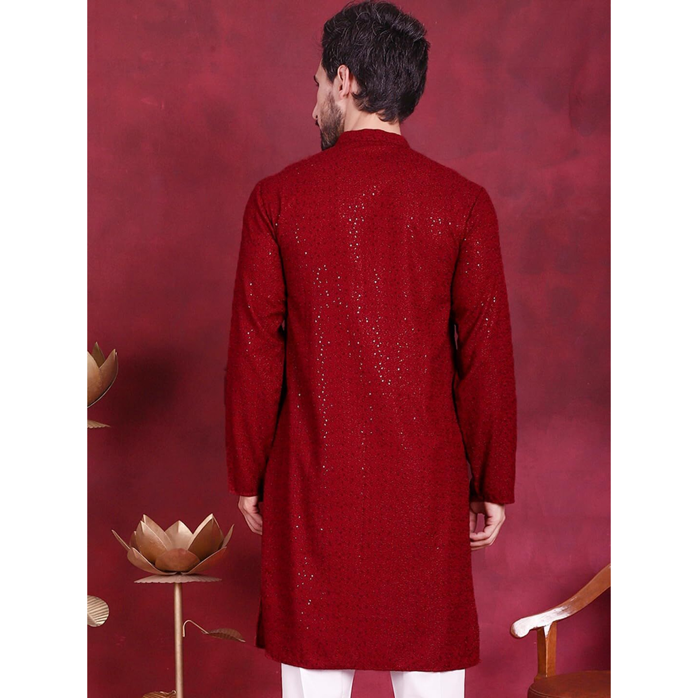 Jompers Mens Sequins Chikankari Kurtas (Maroon, M)