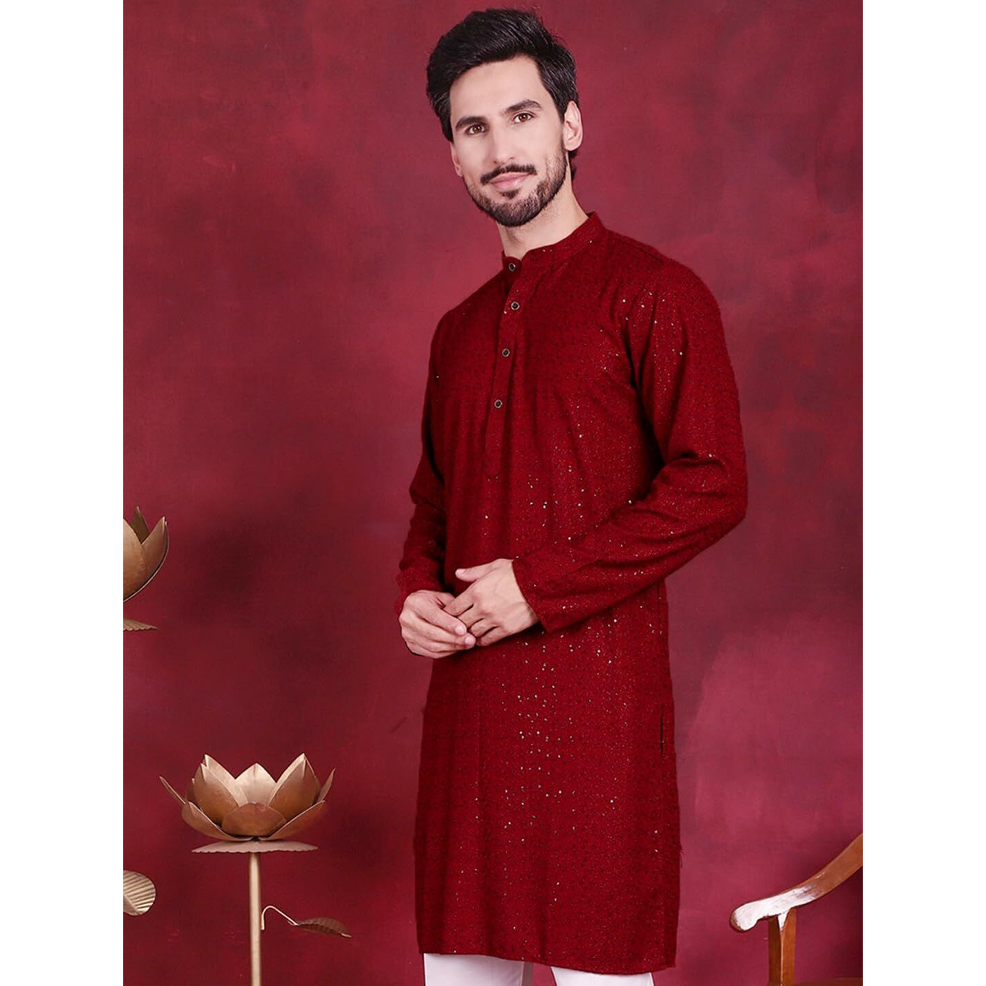 Jompers Mens Sequins Chikankari Kurtas (Maroon, M)