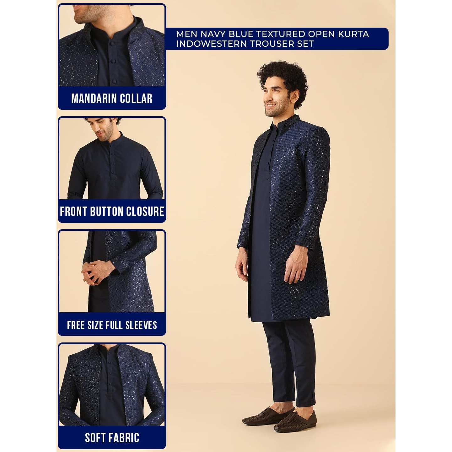 Kisah Sherwani Set For Men  Silk Blend Textured Indo Western Sherwani With Kurta And Trouser | Designer Ethnic Outfit For Weddings & Festivals, Navy Blue, 40