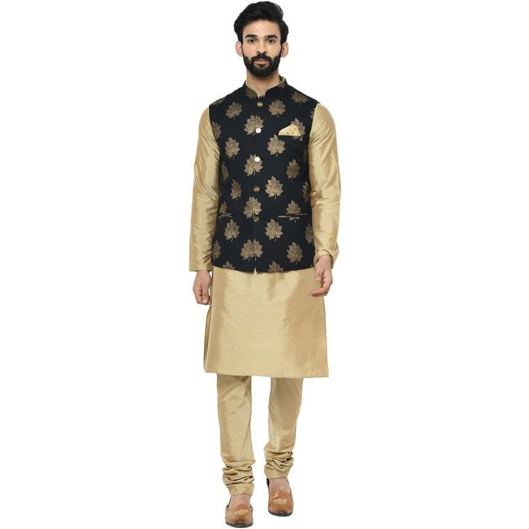 Kisah Men's Kurta Jacket Churidar Set, Cotton Blend Black, Printed Regular Fit Mandarin Collar Long Sleeves (42)