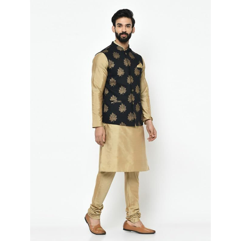 Kisah Men's Kurta Jacket Churidar Set, Cotton Blend Black, Printed Regular Fit Mandarin Collar Long Sleeves (42)