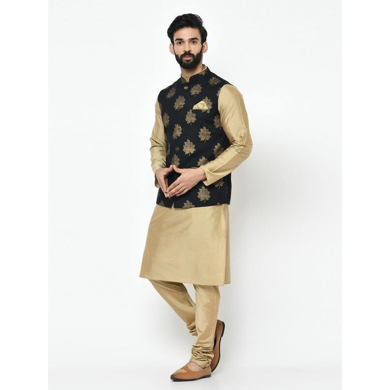 Kisah Men's Kurta Jacket Churidar Set, Cotton Blend Black, Printed Regular Fit Mandarin Collar Long Sleeves (42)