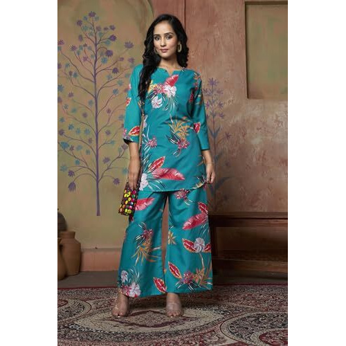 Leriya Fashion Women Ethnic Kurta Set | Rayon Co-Ord Set | Fancy Pajama Set | Pack Of 2 | Floral Printed Top & Pant Set | Full Pair Set | A-Line Kurta Set (Large, Turquoise) Lf-K-W1854&Tr911