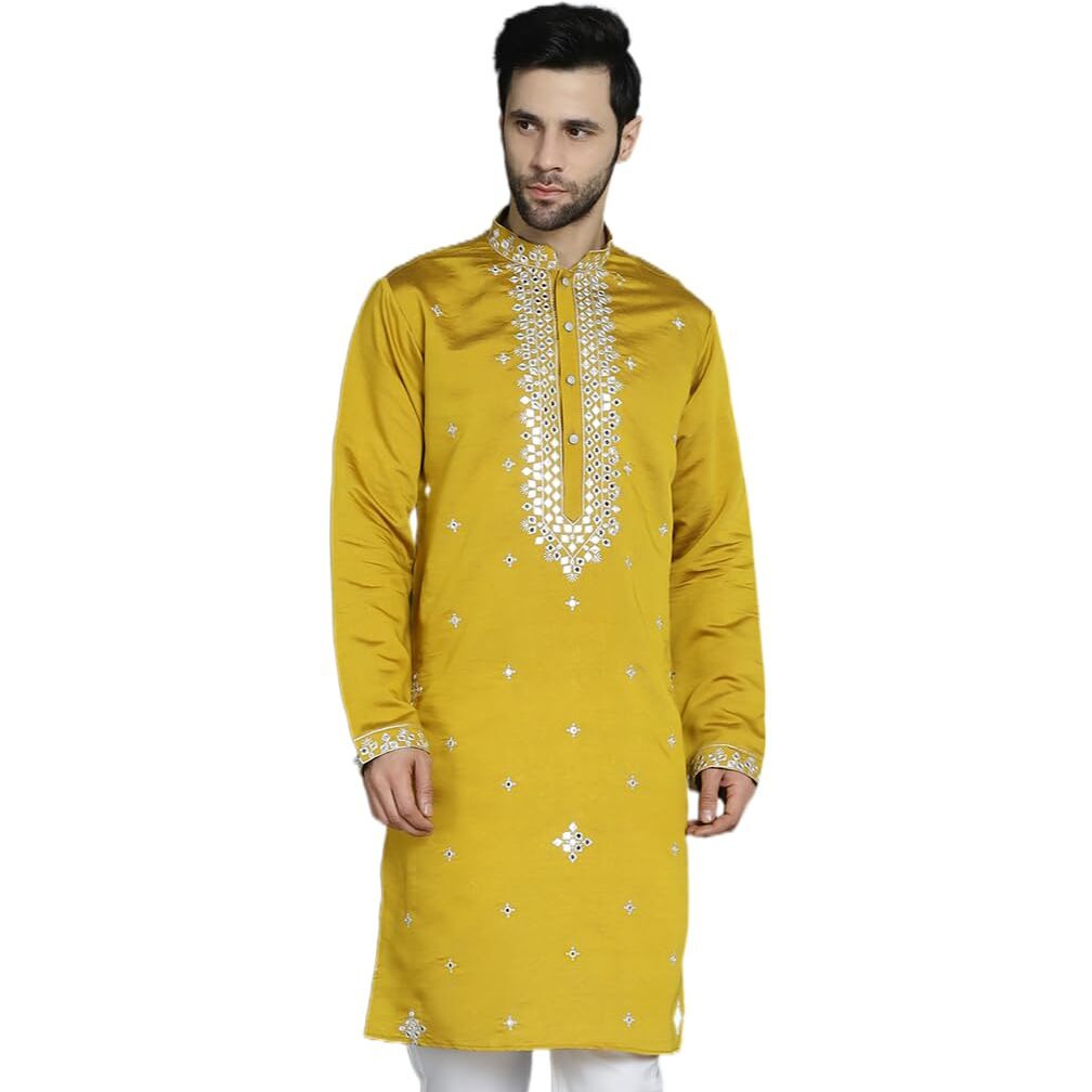 Jompers Men's Mustard Embroidered Kurtas (Mustard, S)