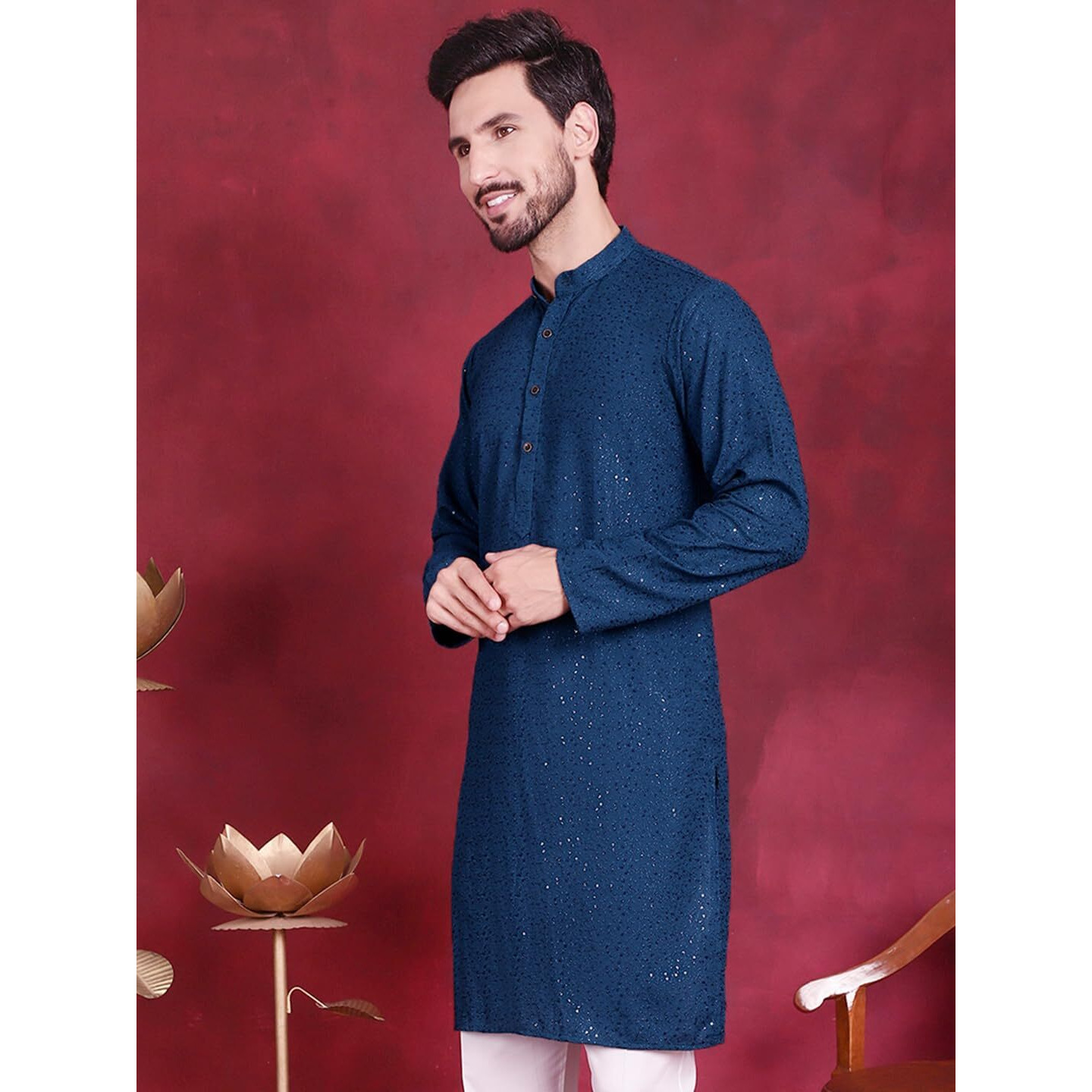 Jompers Mens Sequins Chikankari Kurtas (Peacock, Xl)