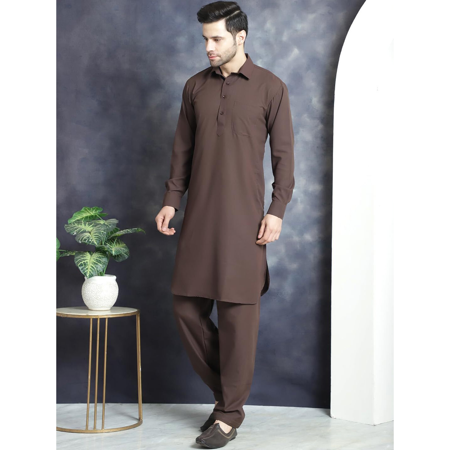 Jompers Men's Coffee Solid Pathani Kurta With Salwar (Coffee, S)