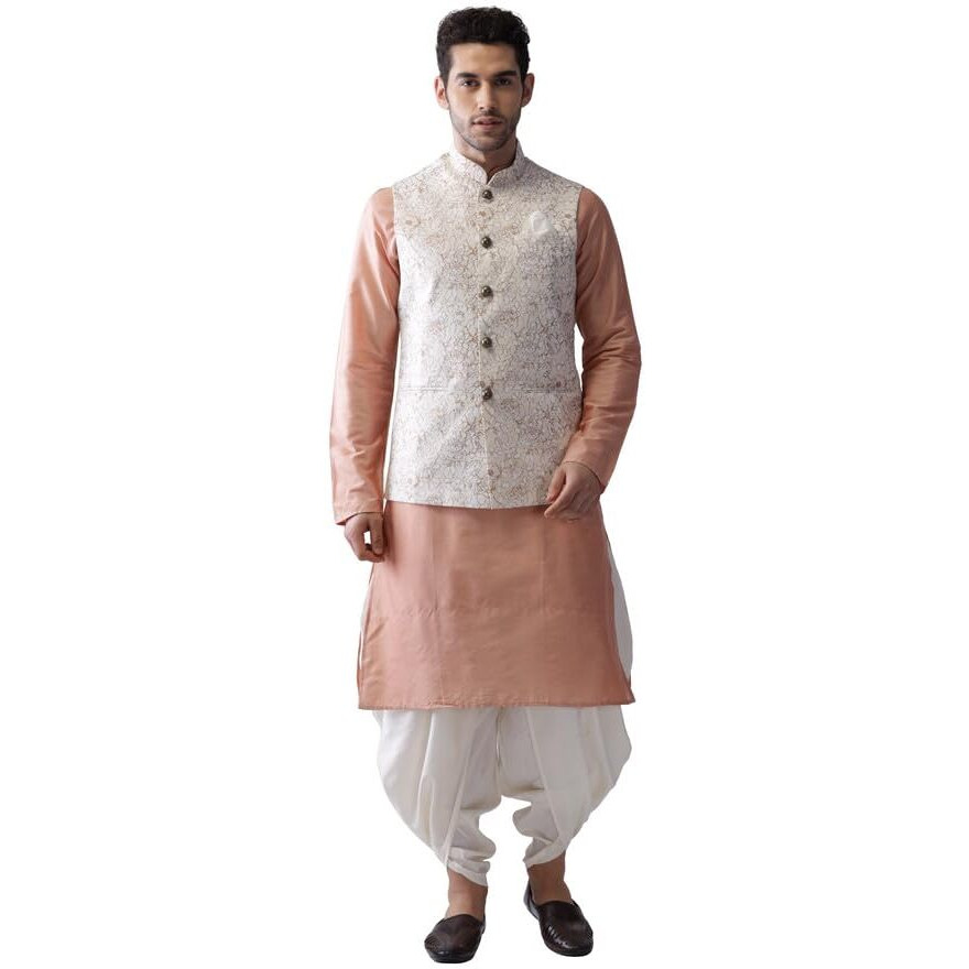 Kisah Mens Kurta Jacket Dhoti Set, Cotton Blend Foil Print Mandarin Collar Long Sleeves, Ethnic Set For Men, Off White, 44