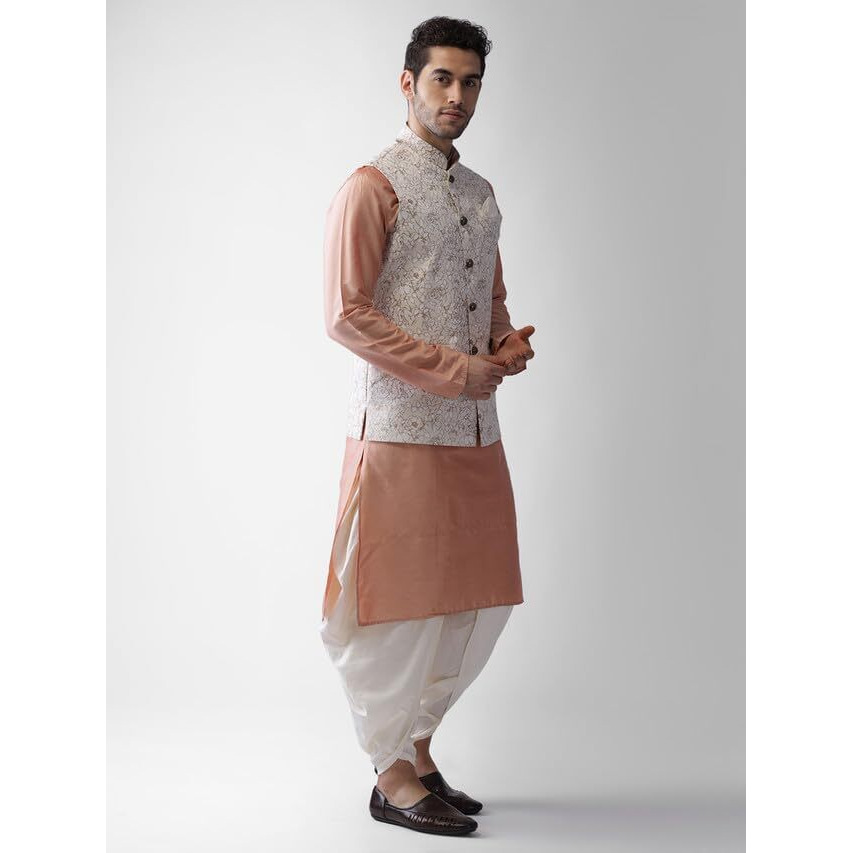 Kisah Mens Kurta Jacket Dhoti Set, Cotton Blend Foil Print Mandarin Collar Long Sleeves, Ethnic Set For Men, Off White, 44