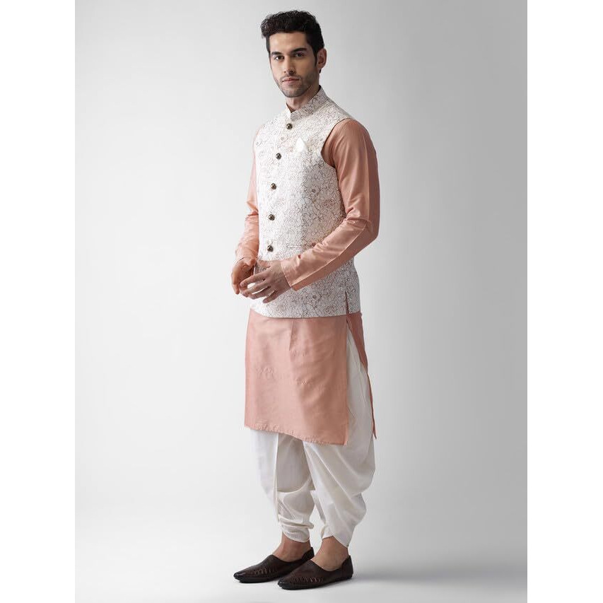 Kisah Mens Kurta Jacket Dhoti Set, Cotton Blend Foil Print Mandarin Collar Long Sleeves, Ethnic Set For Men, Off White, 44