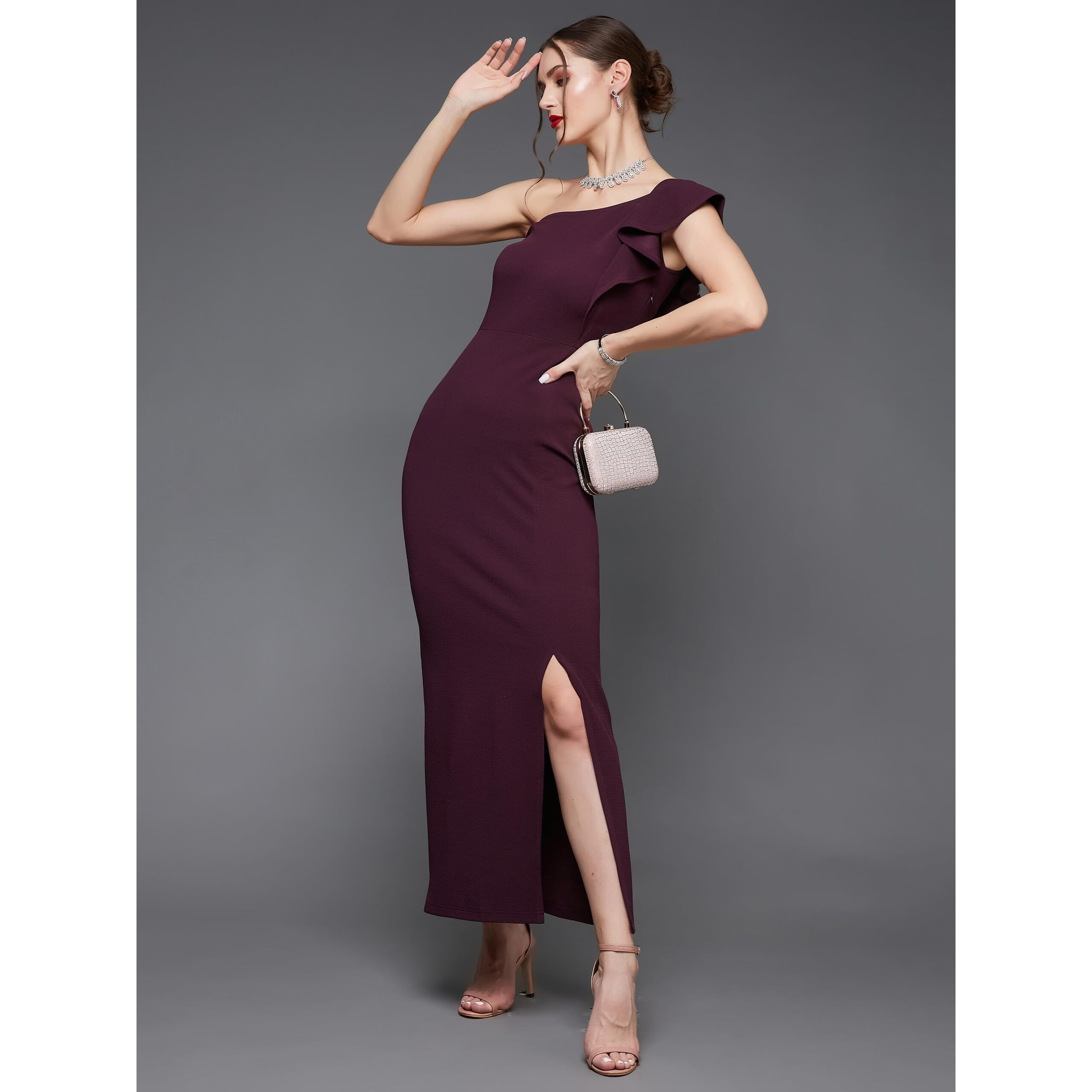 Miss Chase Women's Solid One Shoulder Sleeveless Ruffled Maxi Dress (Mcaw17D10-37-289-03, Dark Purple, S)