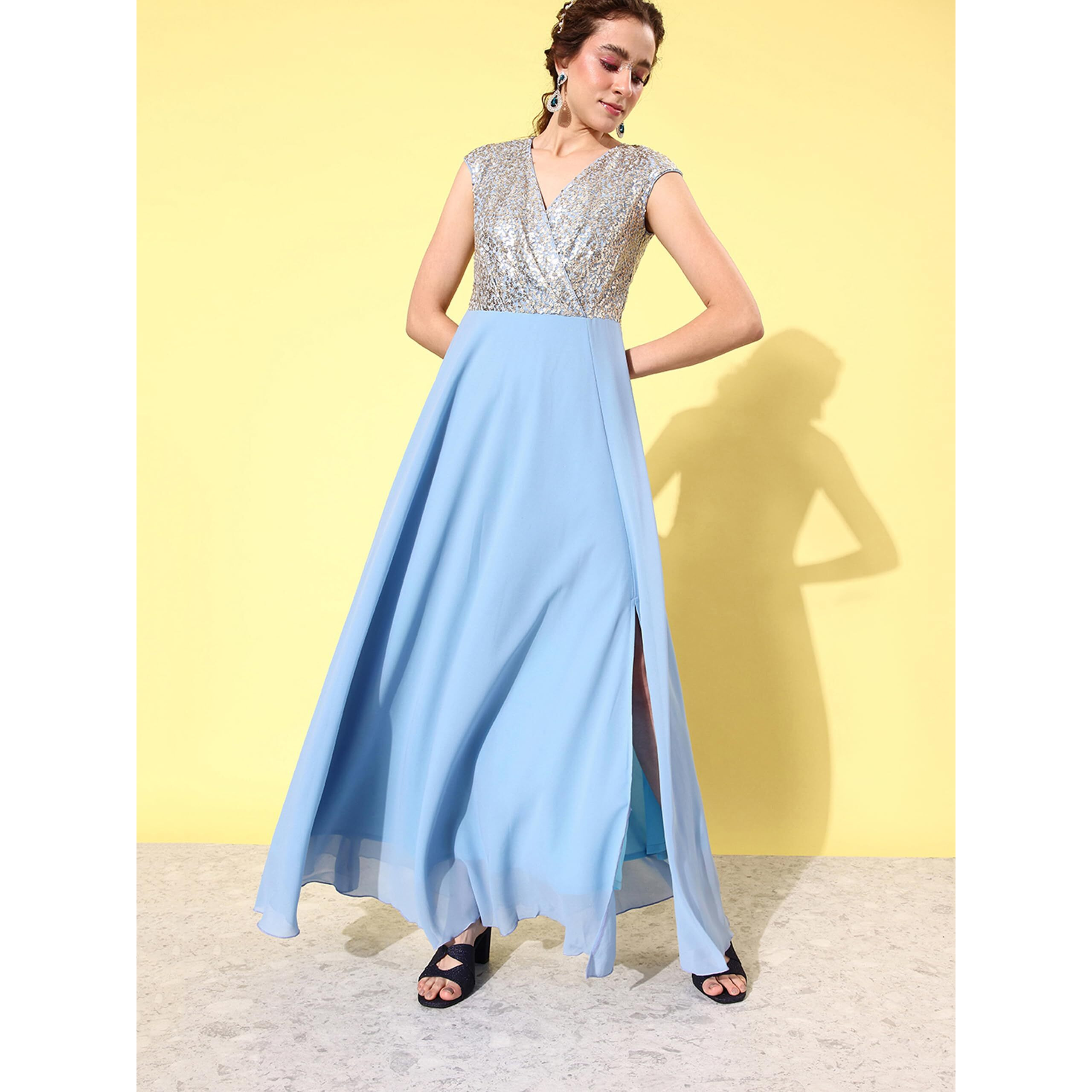 Miss Chase Women's V-Neck Cap Sleeved Solid Wrap Maxi Dress (Mcaw22D99-88-273-02, Sky Blue & Golden, Xs)