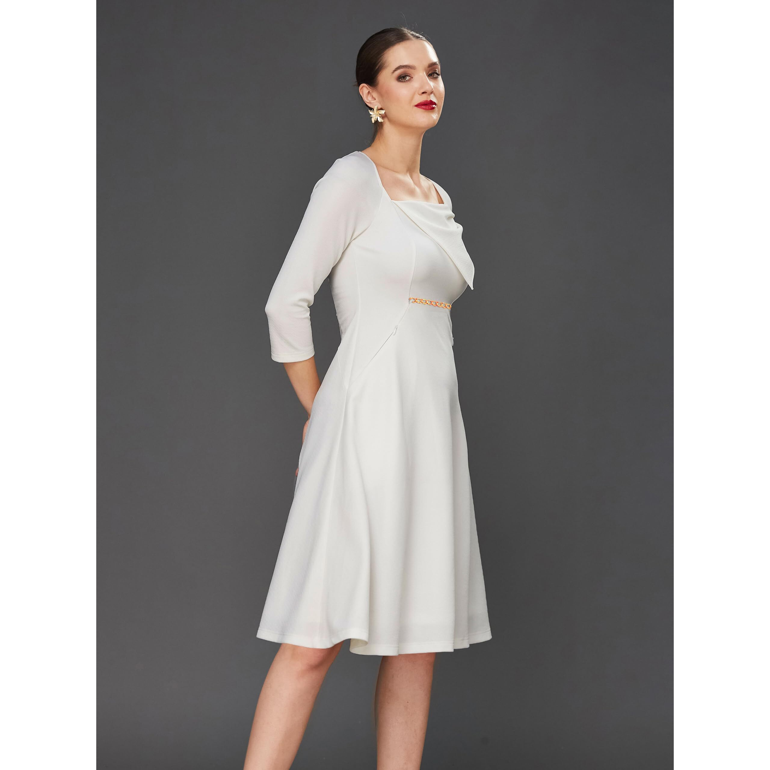 Miss Chase Women's Solid Square Neck Raglan Sleeves Side Pocketed Polyester Fit And Flare Knee Length Dress (Mcss23D16-42-114-03, Off White, S)