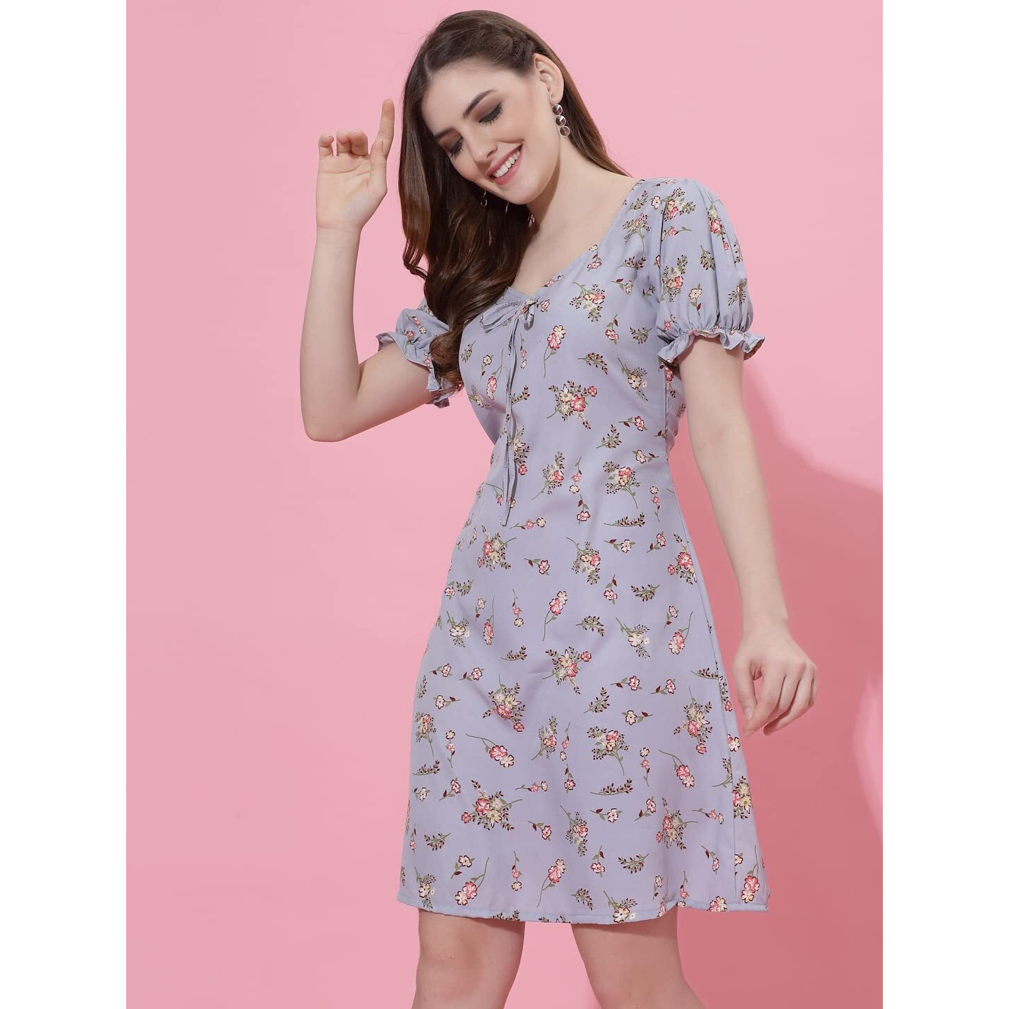 Oomph Women Mini/Short A-Line Grey Dress In Crepe Fabric With Sweetheart Neck And Puff Sleeves - Md494M