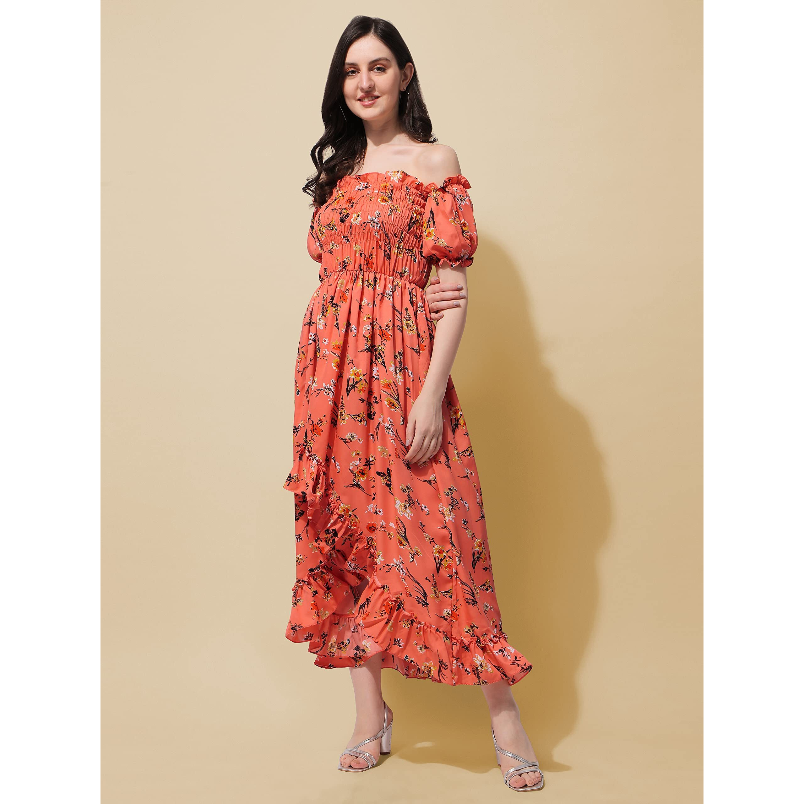 Oomph Flared Dress For Women Stylish | Long One Piece For Women | Off Shoulder Puff Sleeve Long Dress | Floral Print Maxi One Piece | Western & Fusion Wear Bohemian Style Orange