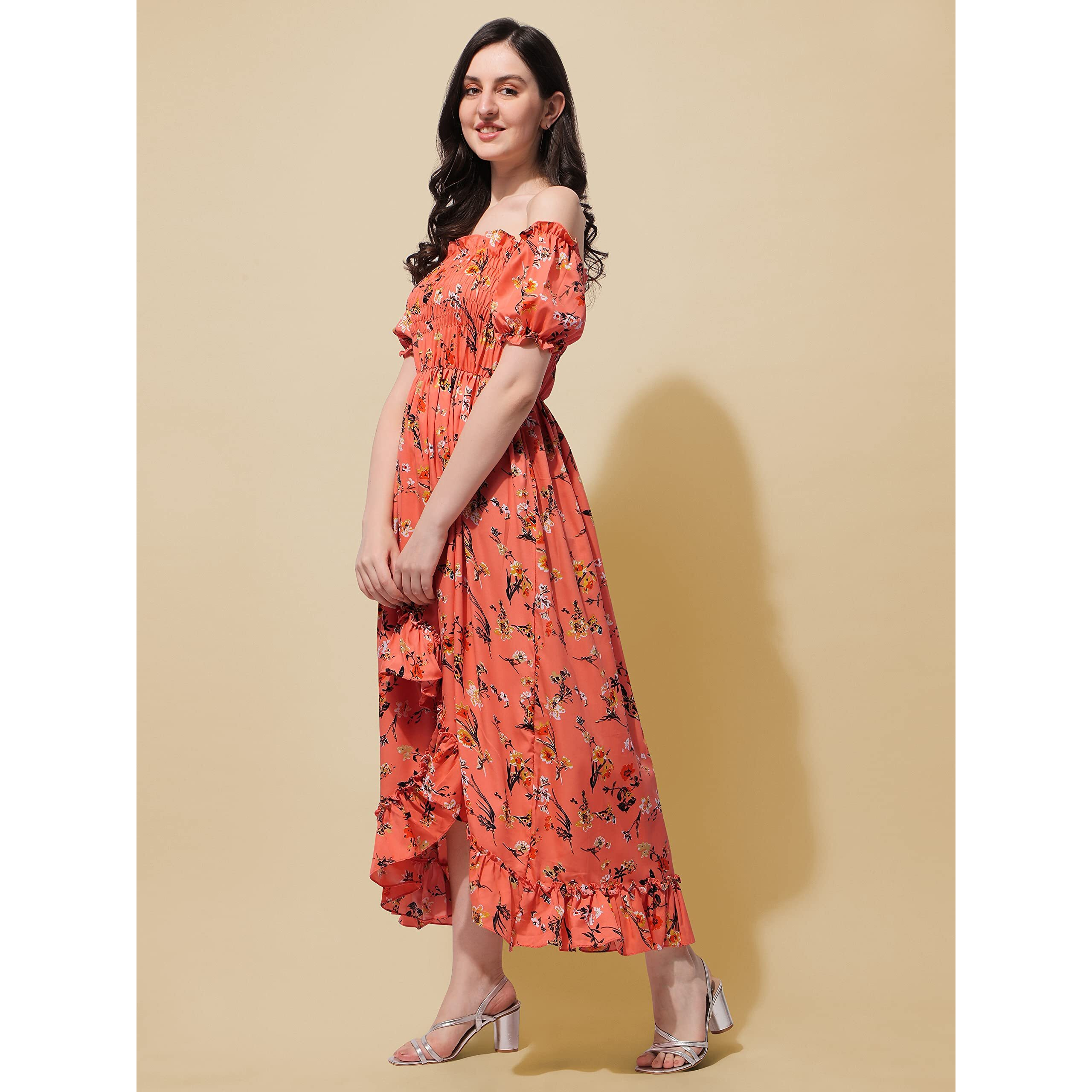 Oomph Flared Dress For Women Stylish | Long One Piece For Women | Off Shoulder Puff Sleeve Long Dress | Floral Print Maxi One Piece | Western & Fusion Wear Bohemian Style Orange