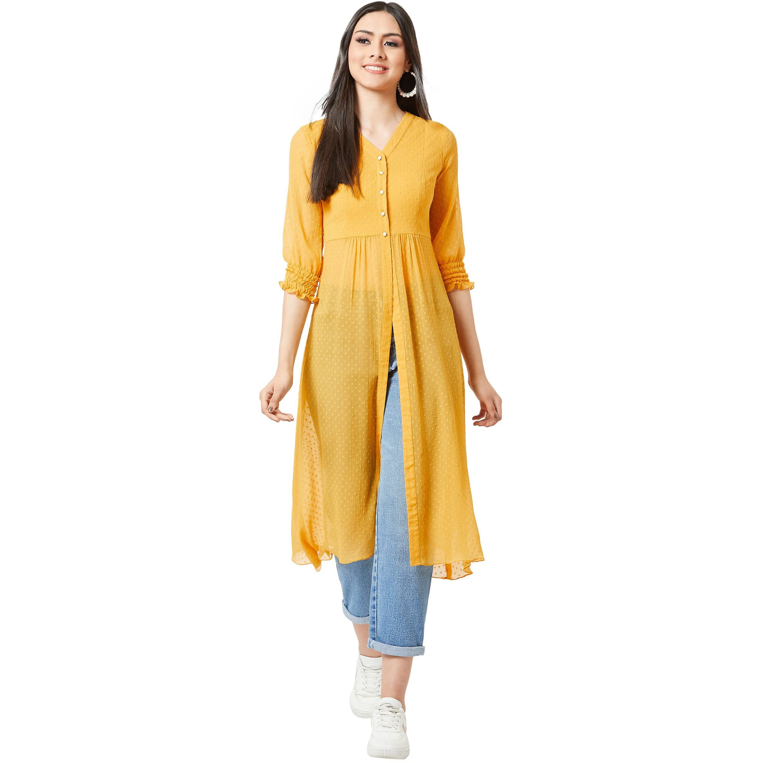 Miss Chase Women's Mustard Yellow V-Neck 3/4 Sleeves Solid Empire Maxi Top