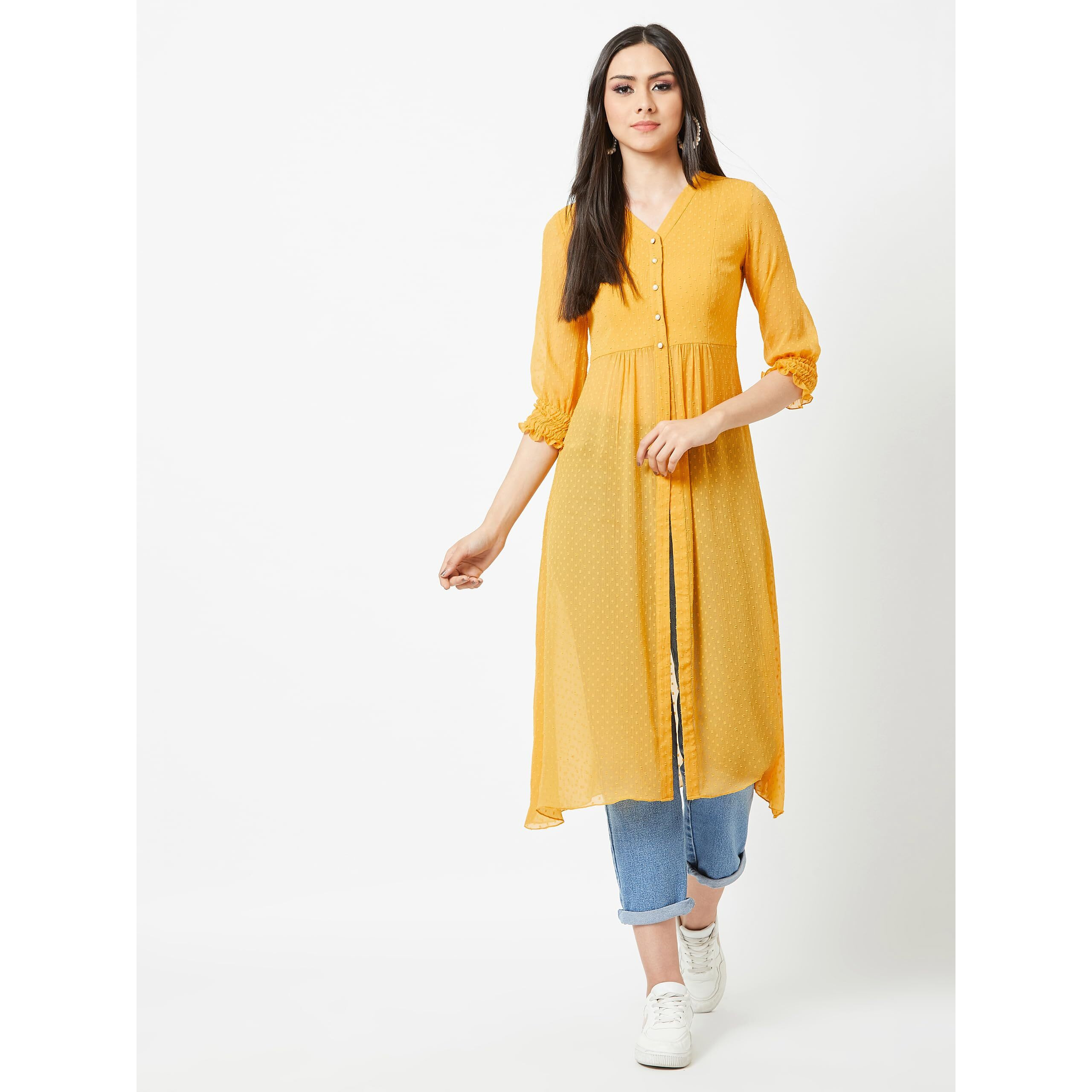 Miss Chase Women's Mustard Yellow V-Neck 3/4 Sleeves Solid Empire Maxi Top