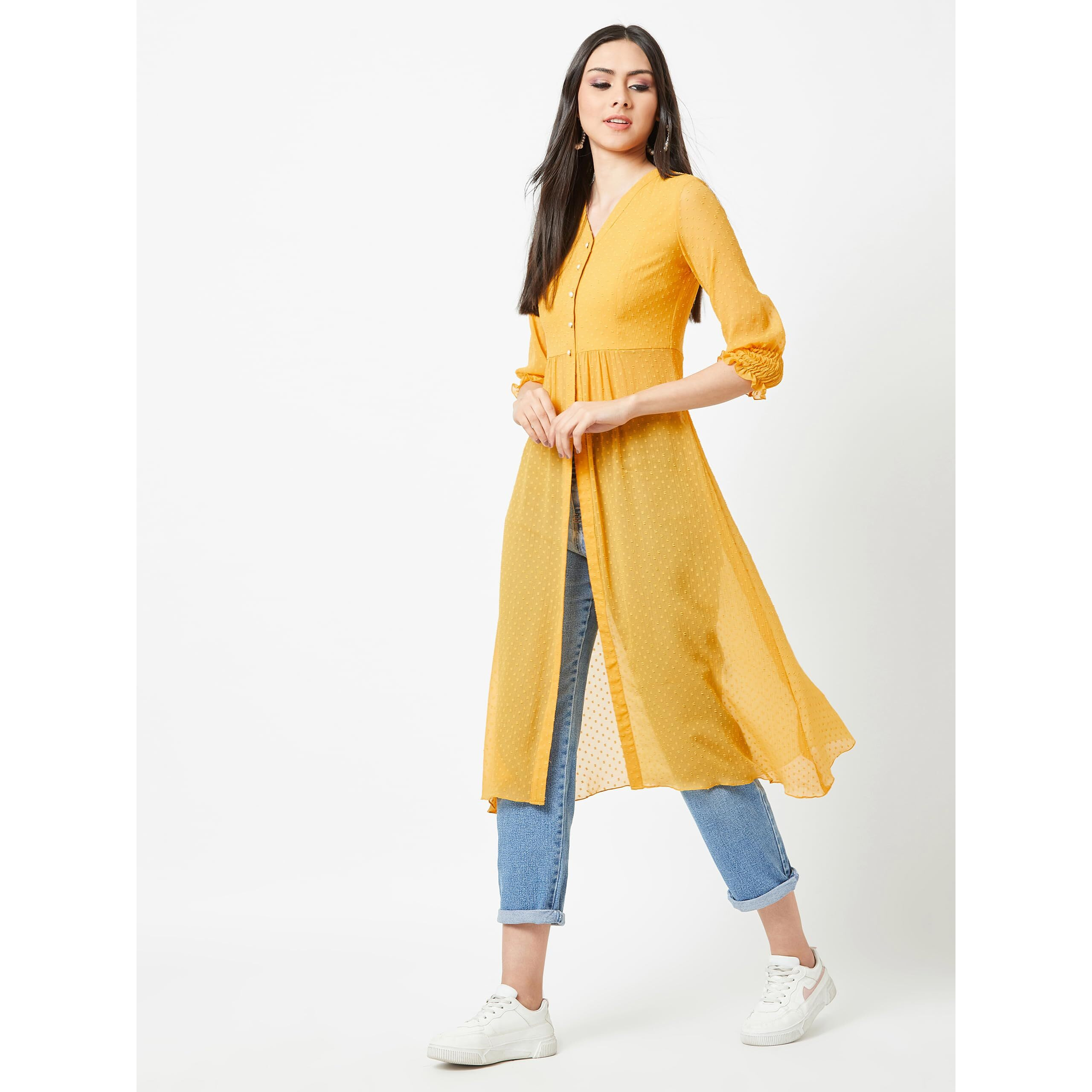 Miss Chase Women's Mustard Yellow V-Neck 3/4 Sleeves Solid Empire Maxi Top