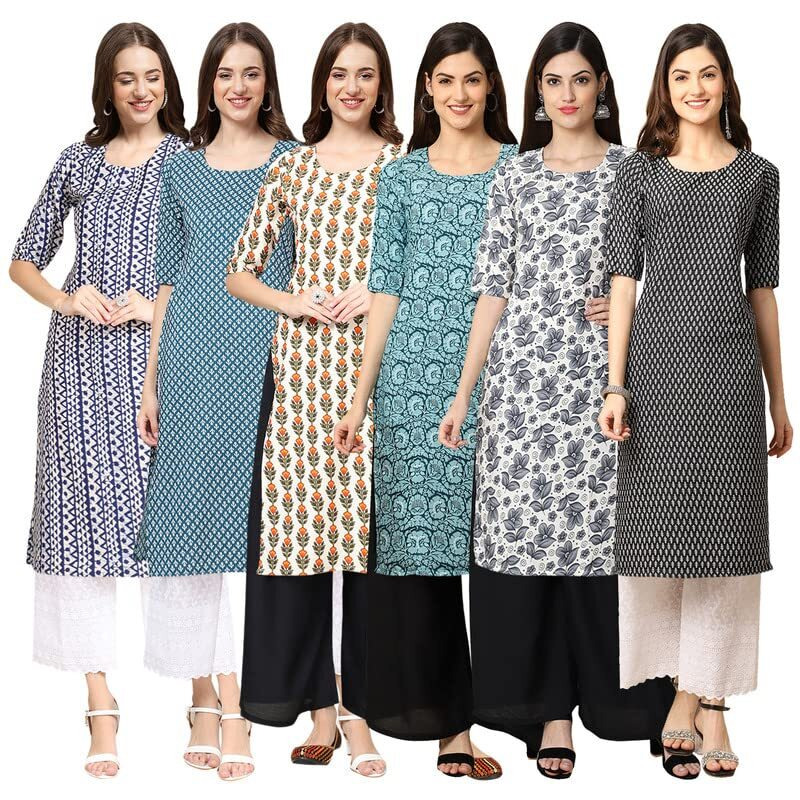 Pinkmint Women's Crepe Digital Print Straight Kurta [Pack Of 6](Mv-348-351-352-378-357-377-M)