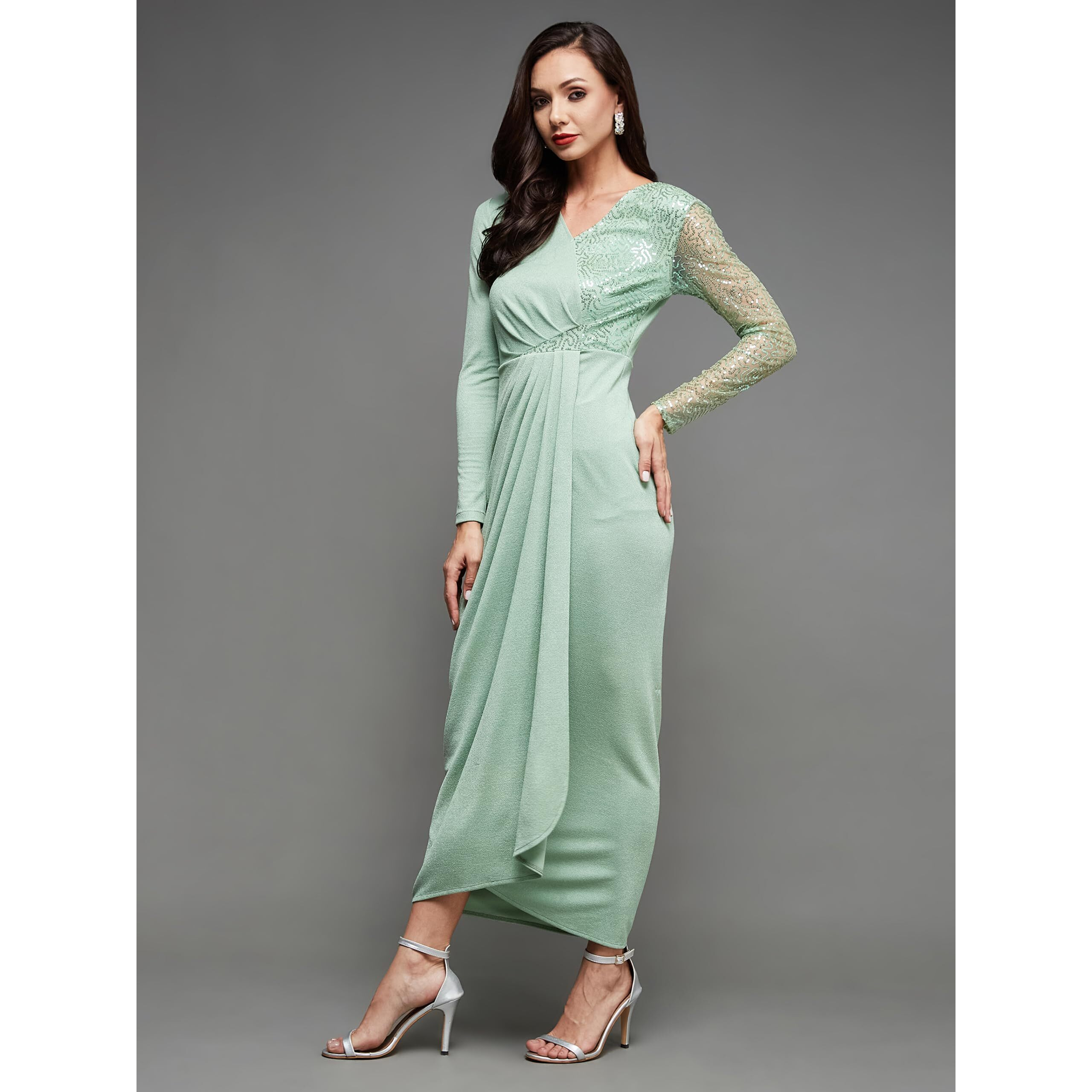 Miss Chase Women's Embellished V-Neck Full Sleeve Pleated Slim Fit Maxi Dress (Mcss24D97-53-79-04, Mint, M)