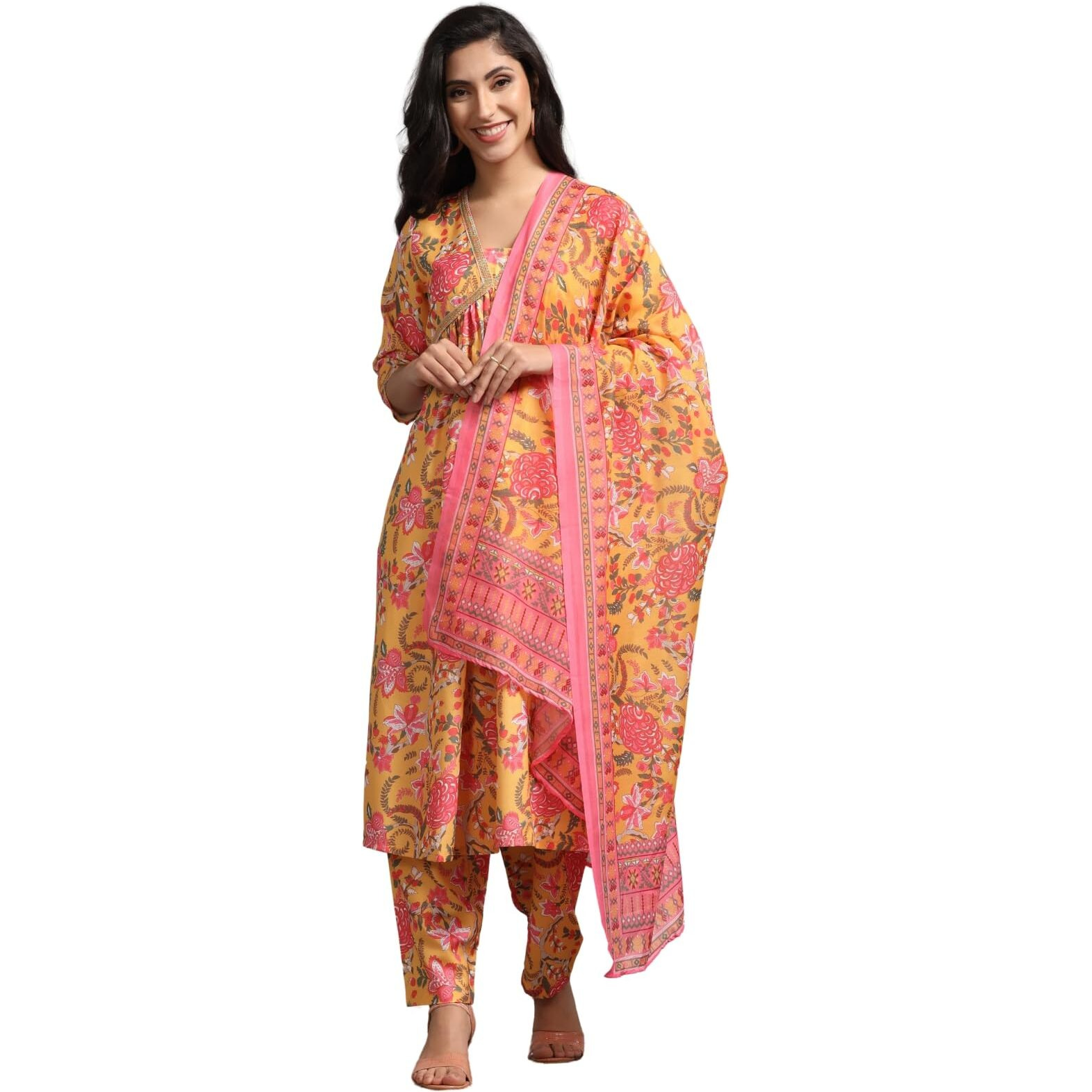Om Sai Latest Creation Alia Cut Kurta Set For Women | Alia Cut Anarkali Set For Women | Embroidery Kurta Set For Women. (Large, Yellow)