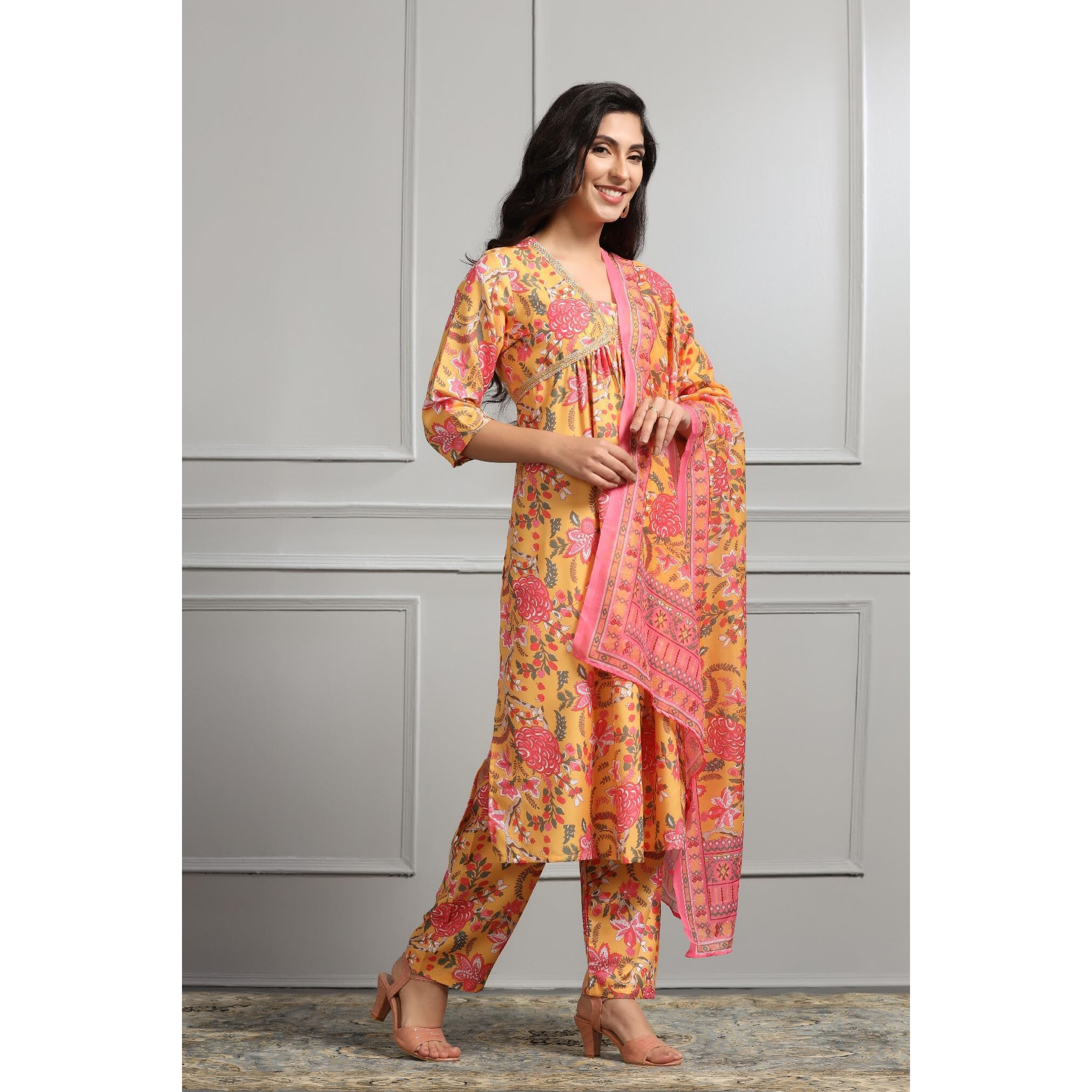 Om Sai Latest Creation Alia Cut Kurta Set For Women | Alia Cut Anarkali Set For Women | Embroidery Kurta Set For Women. (Large, Yellow)