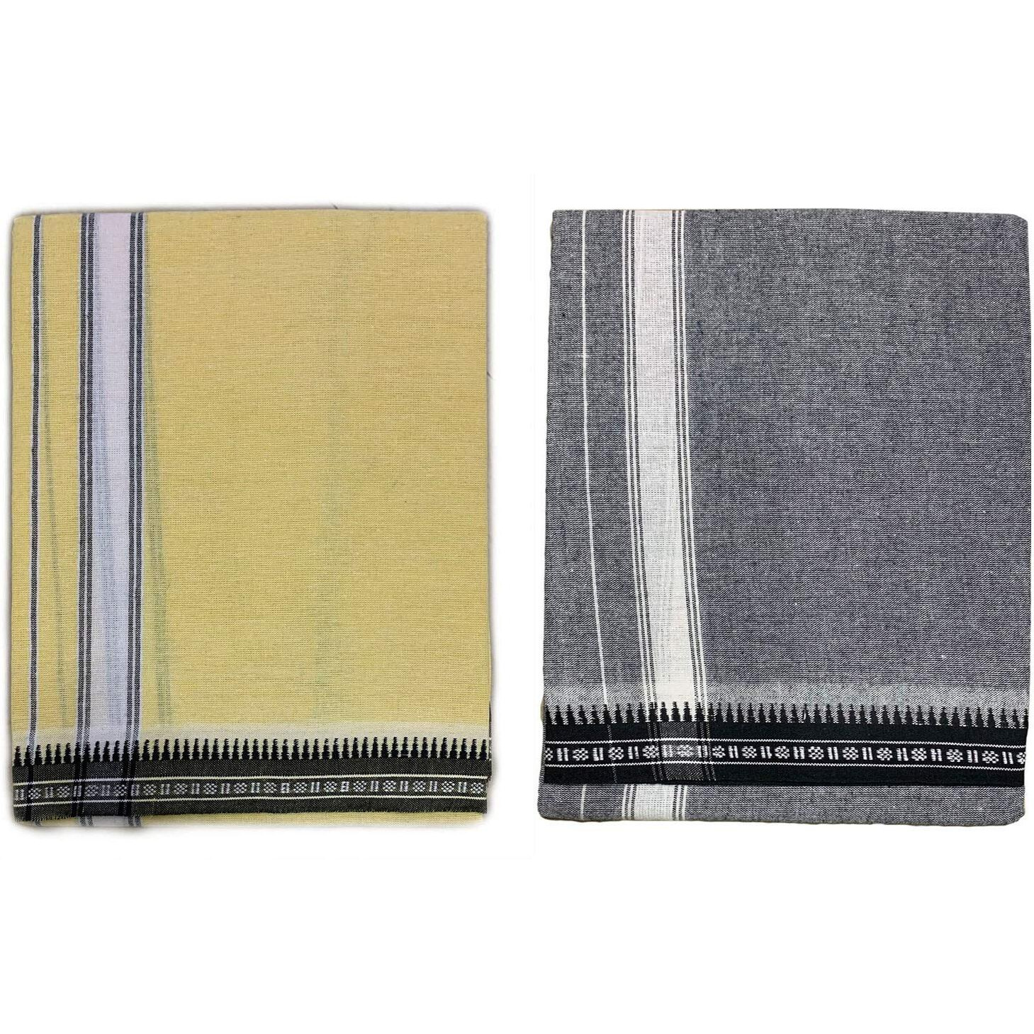 Prakasam Cotton Mens Colour Thalapathi Border Single Dhoti/Size1.28X2.00 Mtrs/Combo Pack Of 2 Dhoties Yellow-Grey