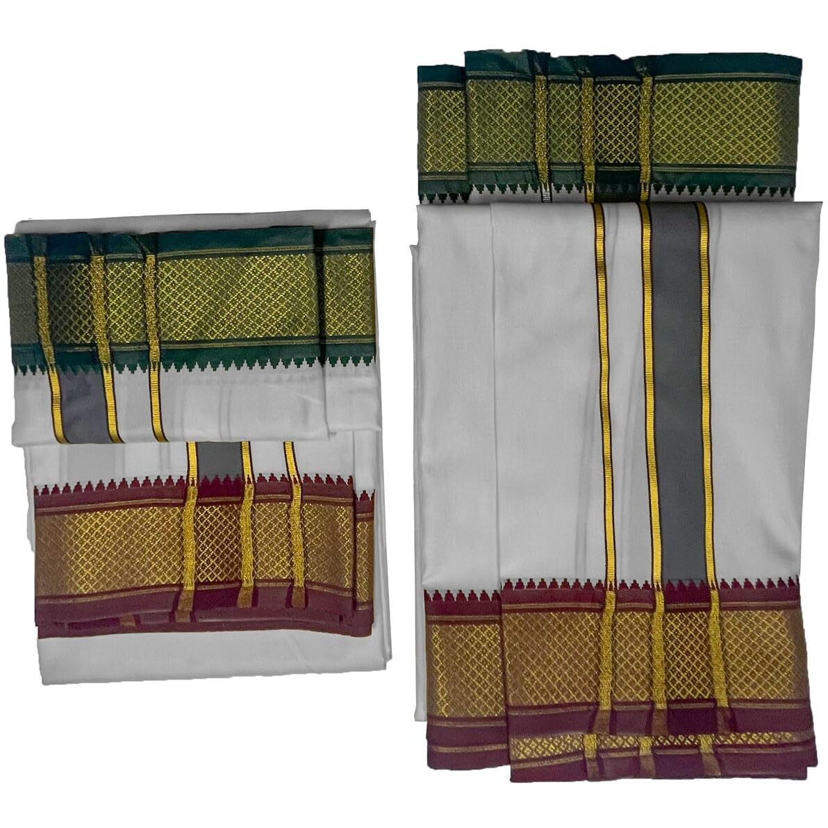 Prakasam Cotton Mens Blended Silk Type Pet Dhoti With Matching Towel/Dhoti1.28X3.60Mtr/1.28X1.80Mtr Towel/8 Mulam Vesti & 4 Mulam Towel (White)