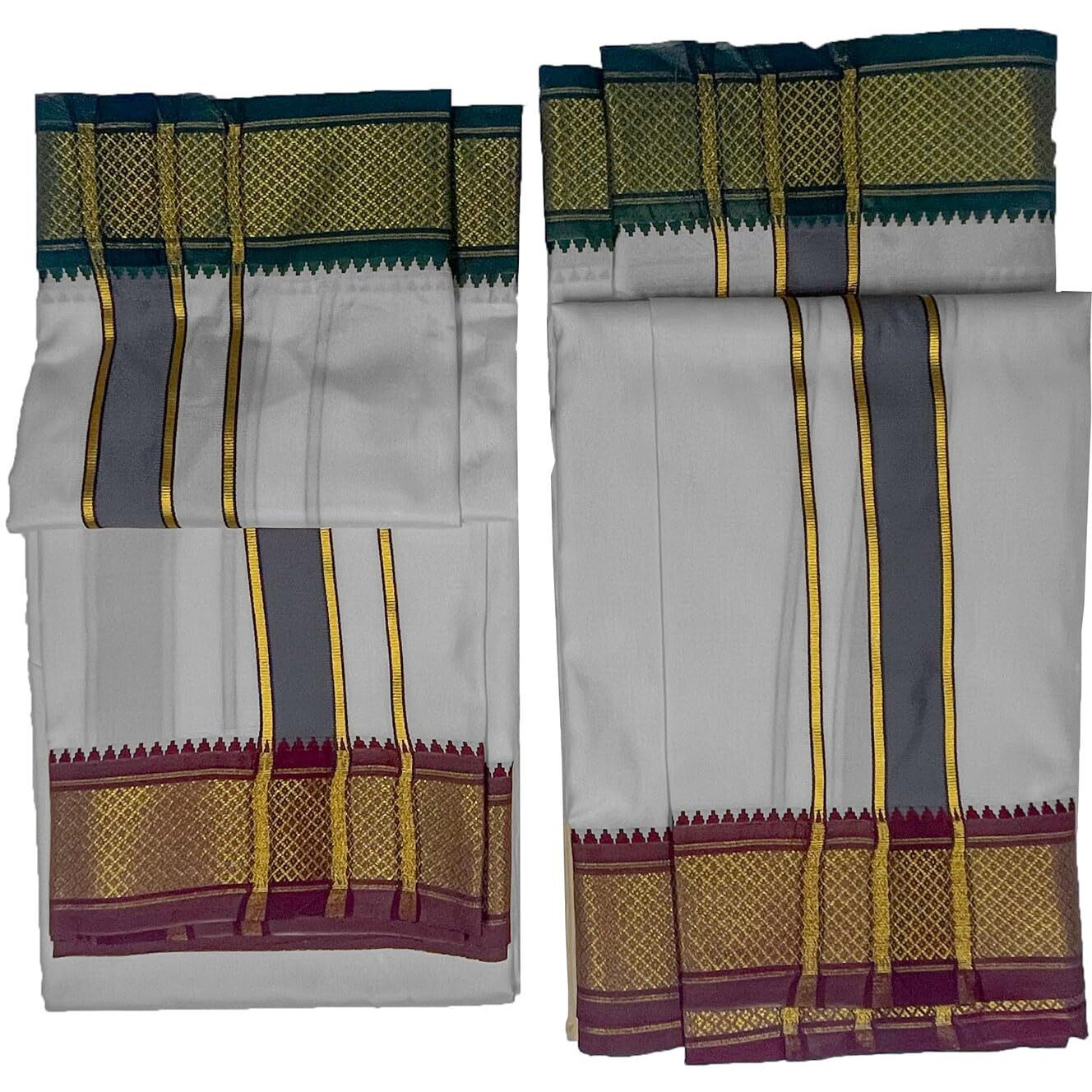 Prakasam Cotton Mens Blended Silk Type Pet Dhoti With Matching Towel/Dhoti1.28X3.60Mtr/1.28X1.80Mtr Towel/8 Mulam Vesti & 4 Mulam Towel (White)
