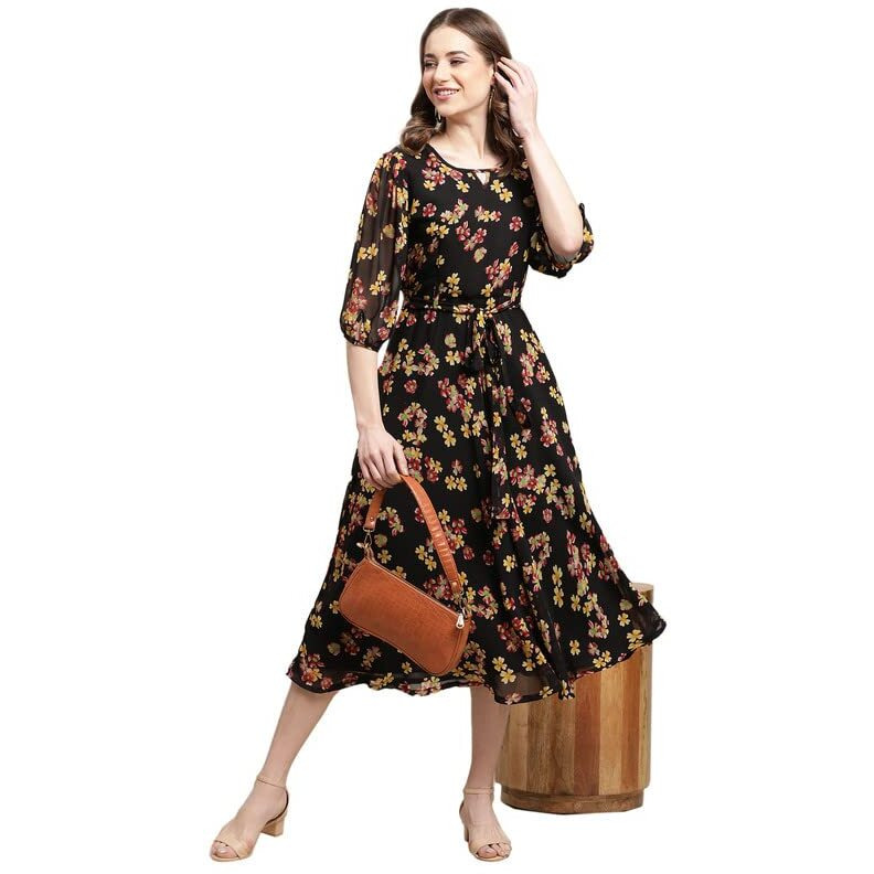 Preneum Women's Maxi Fit & Flare Latest Style Print Georgette Regular Sleeves Casual Summer Maxi Dress || Festival & Occasion, Black, Xl