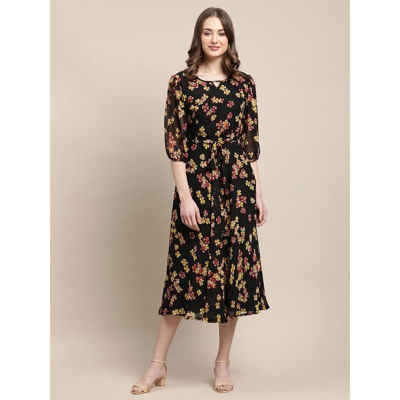 Preneum Women's Maxi Fit & Flare Latest Style Print Georgette Regular Sleeves Casual Summer Maxi Dress || Festival & Occasion, Black, Xl