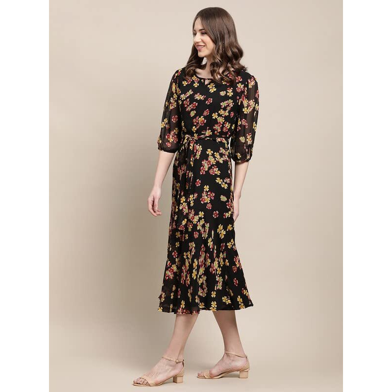 Preneum Women's Maxi Fit & Flare Latest Style Print Georgette Regular Sleeves Casual Summer Maxi Dress || Festival & Occasion, Black, Xl