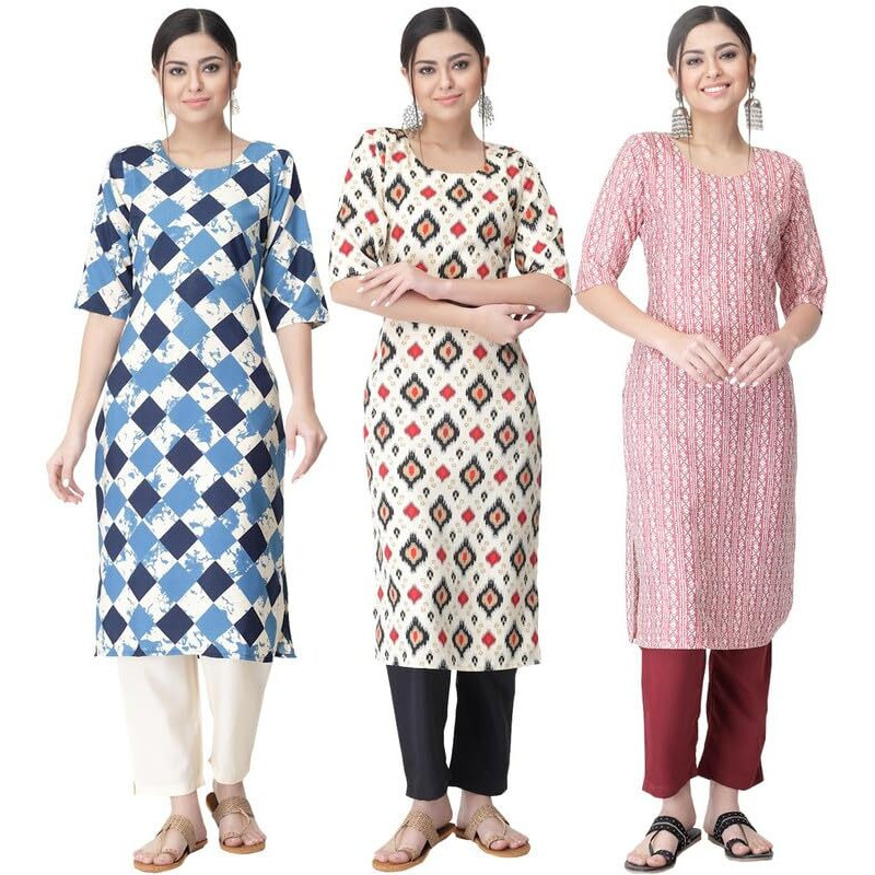 Pinkmint Women's Crepe Printed Kurta Pant Straight Kurta Set For Women(Pack Of 3)