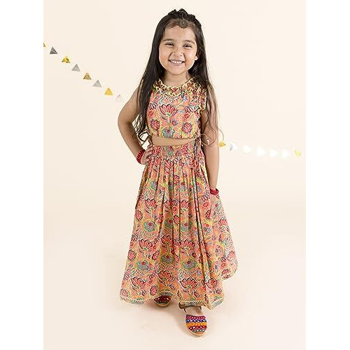 Pspeaches Girl's Coral Blue Printed Pure Cotton Ready To Wear Readymade Lehenga And Choli Set, (Orange-6-7Y)