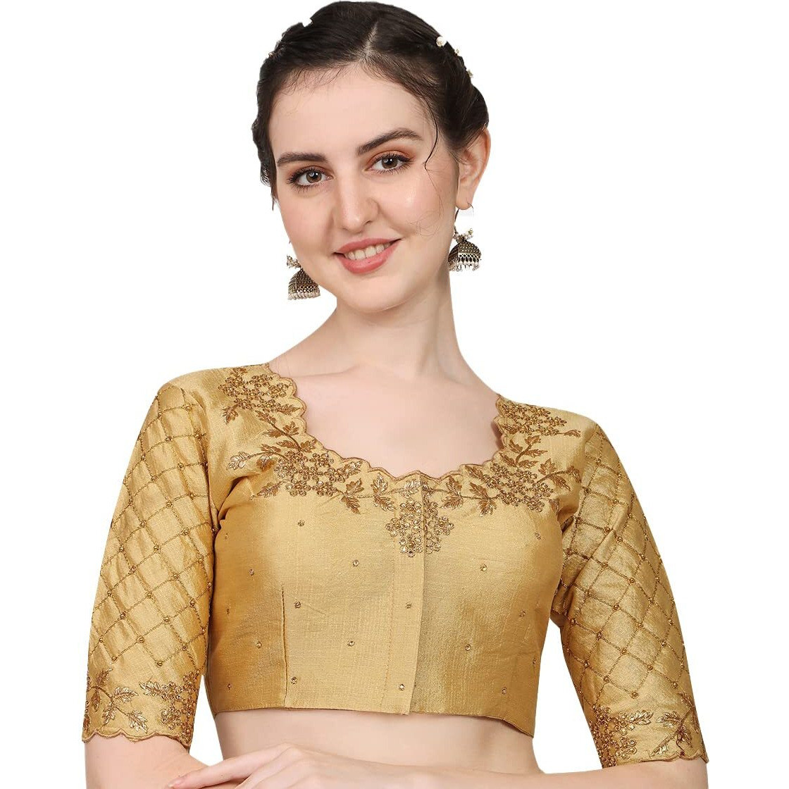 Pujia Mills Women's Embroidery Handwork, Rough Cut Work Stone Work Readymade Blouse (32, Gold)