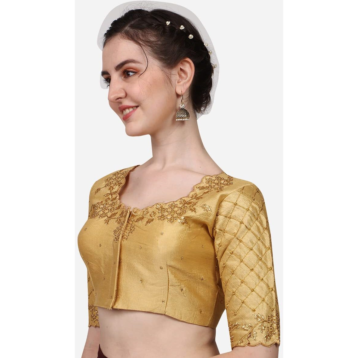 Pujia Mills Women's Embroidery Handwork, Rough Cut Work Stone Work Readymade Blouse (32, Gold)